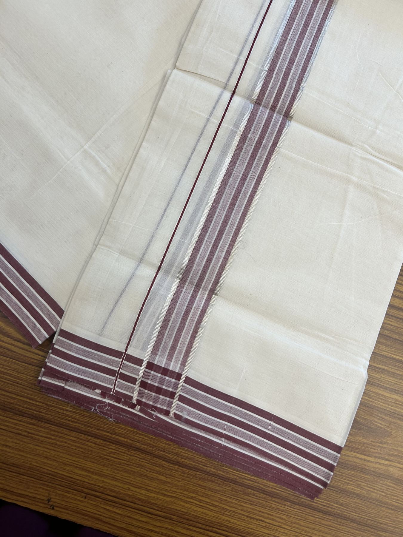 20% Discount ! Kaitharikada Balaramapuram 100% Pure Cotton Double Off white (Unbleached) Mundu/Dhoti - 100x80 - 1.5 inch Silver Kasav & Maroon Shaded Stripes Kara 3.90 mtr (8 muzham) - 58 KK5313 PMC