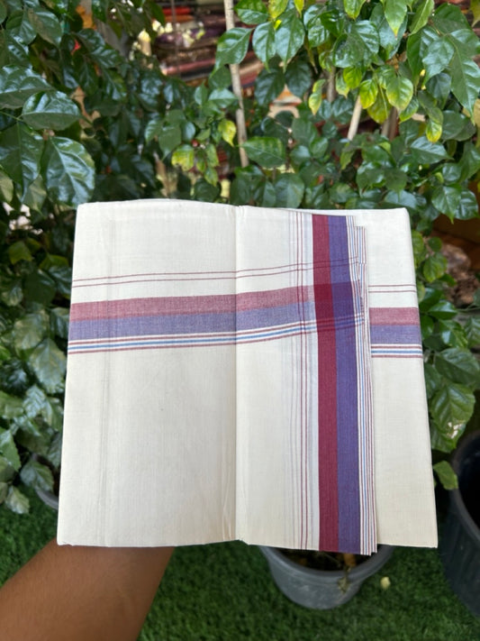 20% Discount ! KaithariKada Balaramapuram 100% Cotton Double OFF WHITE - (Unbleached) - Mundu / Dhoti- 100x80 -  1.5 inch Maroon & Blue shaded striped kara - 14 KK5280 VIN