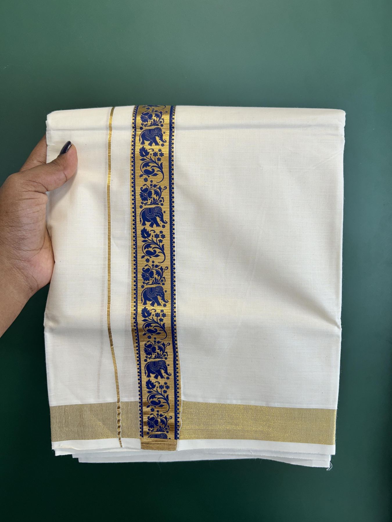 Double Off White - (Unbleached) Mundu/Dhoti- 20% Discount!! KaithariKada Balaramapuram 100% Cotton (60s) - 1.25 inch Dark Blue & Gold Kasav Elephant Printed Kara - 2 KK5415 GAN