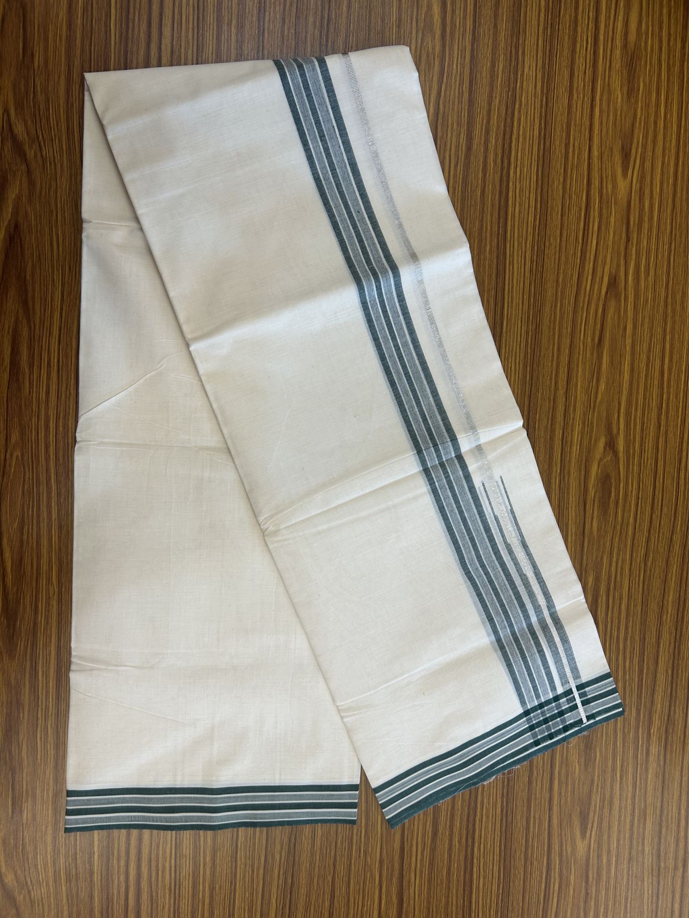 20% Discount ! Kaitharikada Balaramapuram 100% Pure Cotton Double Off white (Unbleached) Mundu/Dhoti - 100x80 - 1.5 inch Silver Kasav & Green Shaded Stripes Chutty Kara 3.90 mtr (8 muzham) - 59 KK5313 PMC