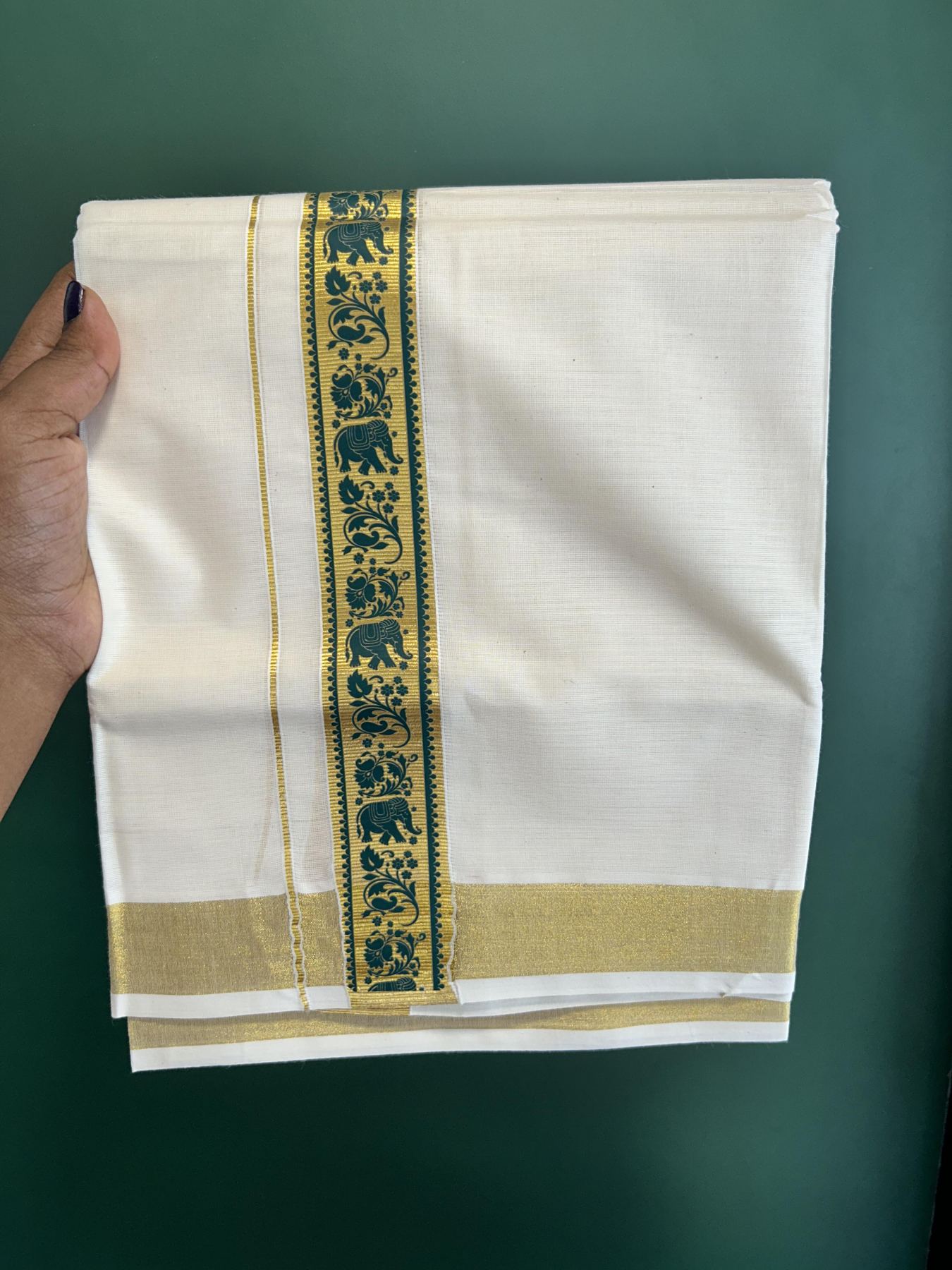 Double Off White - (Unbleached) Mundu/Dhoti- 20% Discount!! KaithariKada Balaramapuram 100% Cotton (60s) - 1.5 inch Dark Green & Gold Kasav Elephant Printed Kara - 1 KK5415 GAN