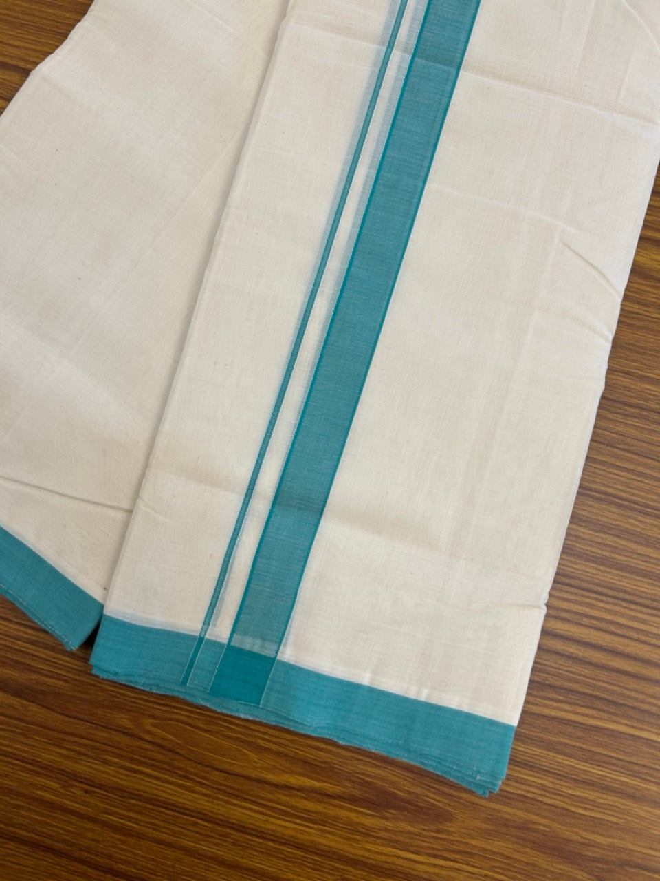 25% Discount! KaithariKada Handloom Millpaav Balaramapuram - Cotton Double Mundu/Dhoti Off white (Unbleached) - 80x90 - 1.25 inch Persian Green Mulloth Kara 3.60 meter (8 Muzham) - 37 KK5256 RAM