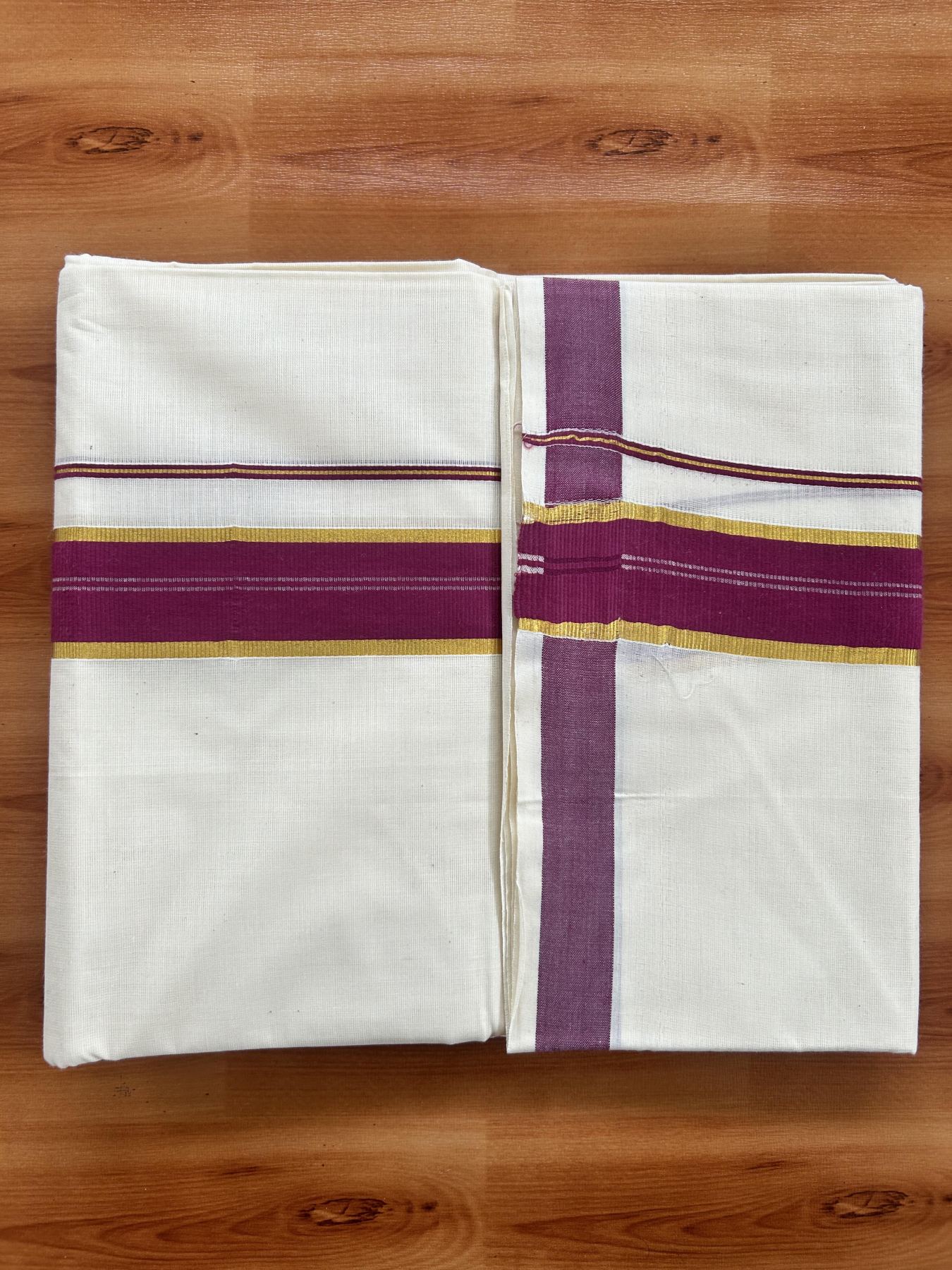 Double Off White - (Unbleached) Mundu/Dhoti - 20% Discount! KaithariKada Balaramapuram Pure Cotton - 60s - 1.25 inch Gold Kasav & Wine Purple Striped  Kara - 4 mtr (8.5 Muzham) - 1 KK5416 GAN