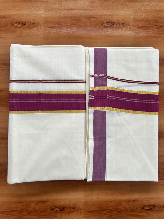 Double Off White - (Unbleached) Mundu/Dhoti - 20% Discount! KaithariKada Balaramapuram Pure Cotton - 60s - 1.25 inch Gold Kasav & Wine Purple Striped  Kara - 4 mtr (8.5 Muzham) - 1 KK5416 GAN