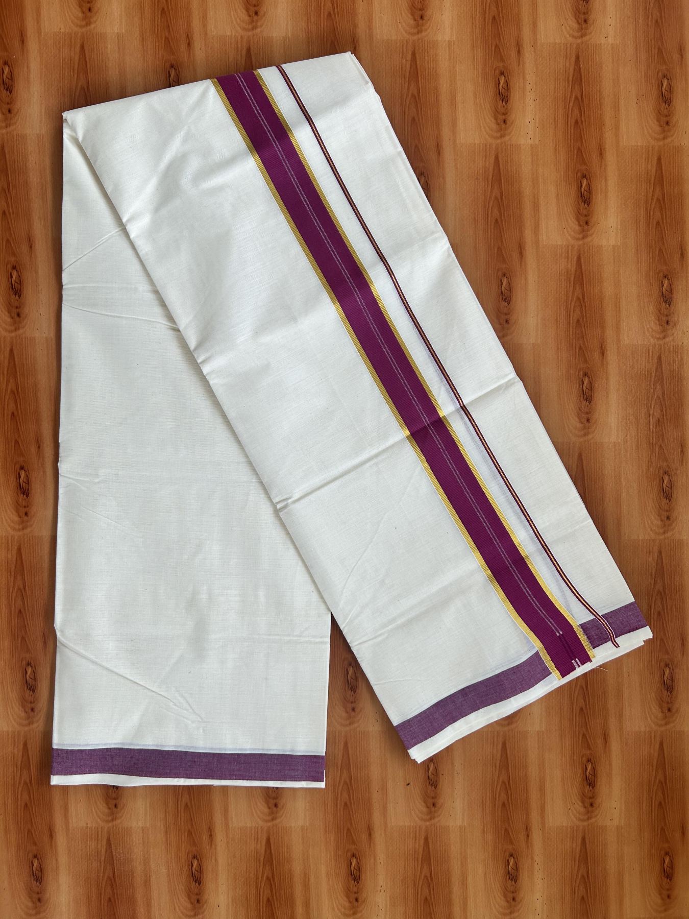 Double Off White - (Unbleached) Mundu/Dhoti - 20% Discount! KaithariKada Balaramapuram Pure Cotton - 60s - 1.25 inch Gold Kasav & Wine Purple Striped  Kara - 4 mtr (8.5 Muzham) - 1 KK5416 GAN