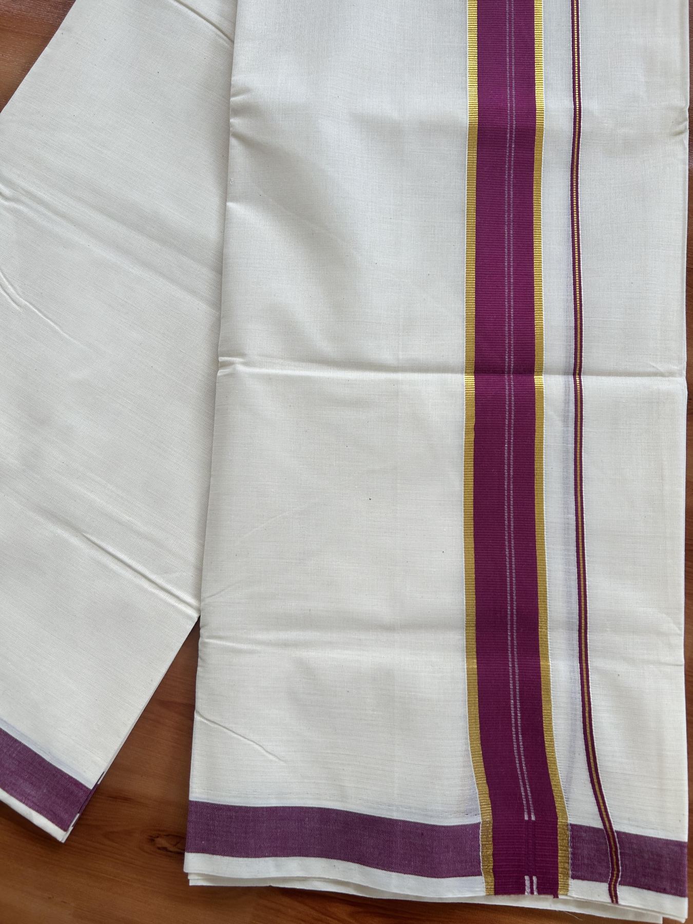 Double Off White - (Unbleached) Mundu/Dhoti - 20% Discount! KaithariKada Balaramapuram Pure Cotton - 60s - 1.25 inch Gold Kasav & Wine Purple Striped  Kara - 4 mtr (8.5 Muzham) - 1 KK5416 GAN