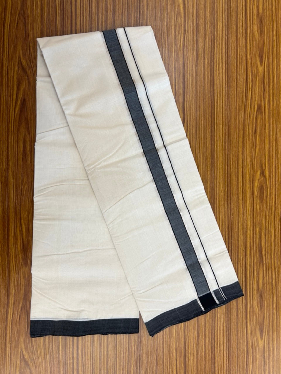25% Discount! KaithariKada Handloom Millpaav Balaramapuram - Cotton Double Mundu/Dhoti Off white (Unbleached) - 80x90 - 1.25 inch Silver Kasav striped Black shaded Kara 3.60 meter (8 Muzham) - 82 KK5256 RAM
