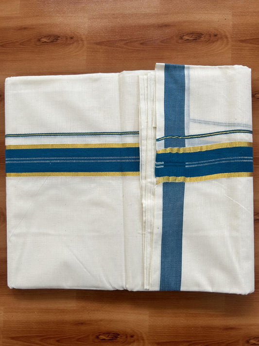 Double Off White - (Unbleached) Mundu/Dhoti - 20% Discount! KaithariKada Balaramapuram Pure Cotton - 60s - 1.25 inch Gold Kasav & Peacock Blue Striped  Kara - 4 mtr (8.5 Muzham) - 2 KK5416 GAN