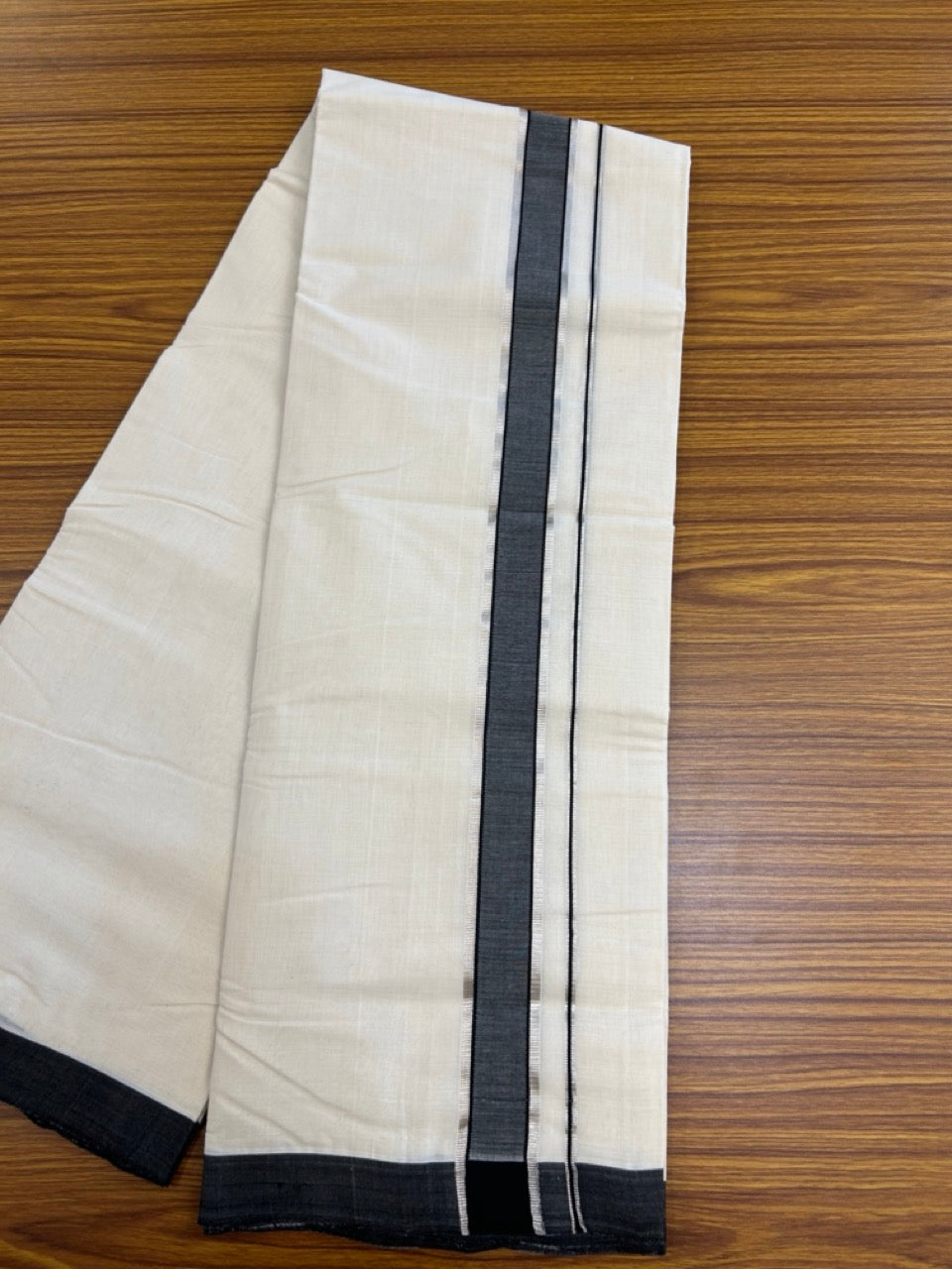 25% Discount! KaithariKada Handloom Millpaav Balaramapuram - Cotton Double Mundu/Dhoti Off white (Unbleached) - 80x90 - 1.25 inch Silver Kasav striped Black shaded Kara 3.60 meter (8 Muzham) - 82 KK5256 RAM