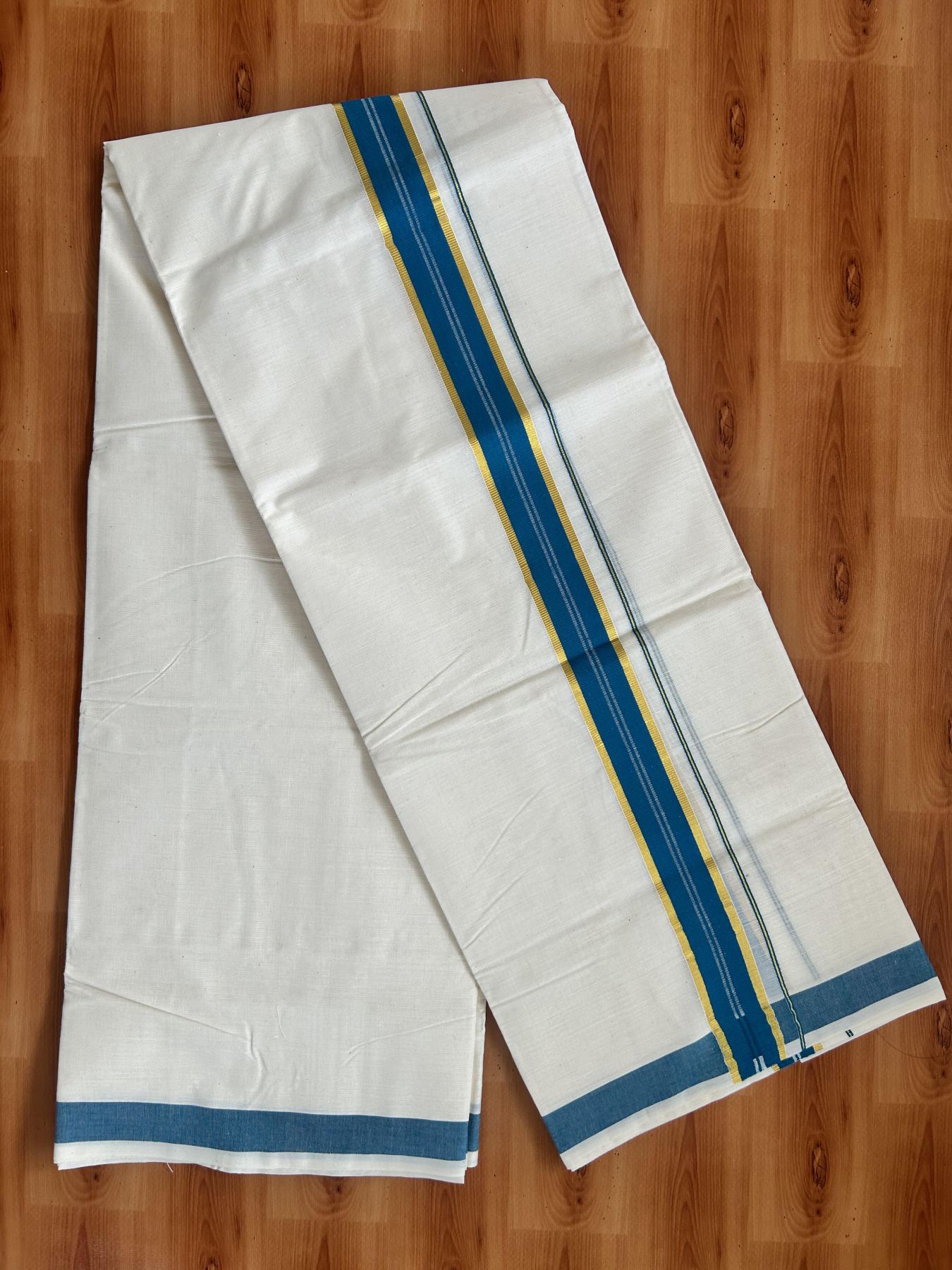 Double Off White - (Unbleached) Mundu/Dhoti - 20% Discount! KaithariKada Balaramapuram Pure Cotton - 60s - 1.25 inch Gold Kasav & Peacock Blue Striped  Kara - 4 mtr (8.5 Muzham) - 2 KK5416 GAN