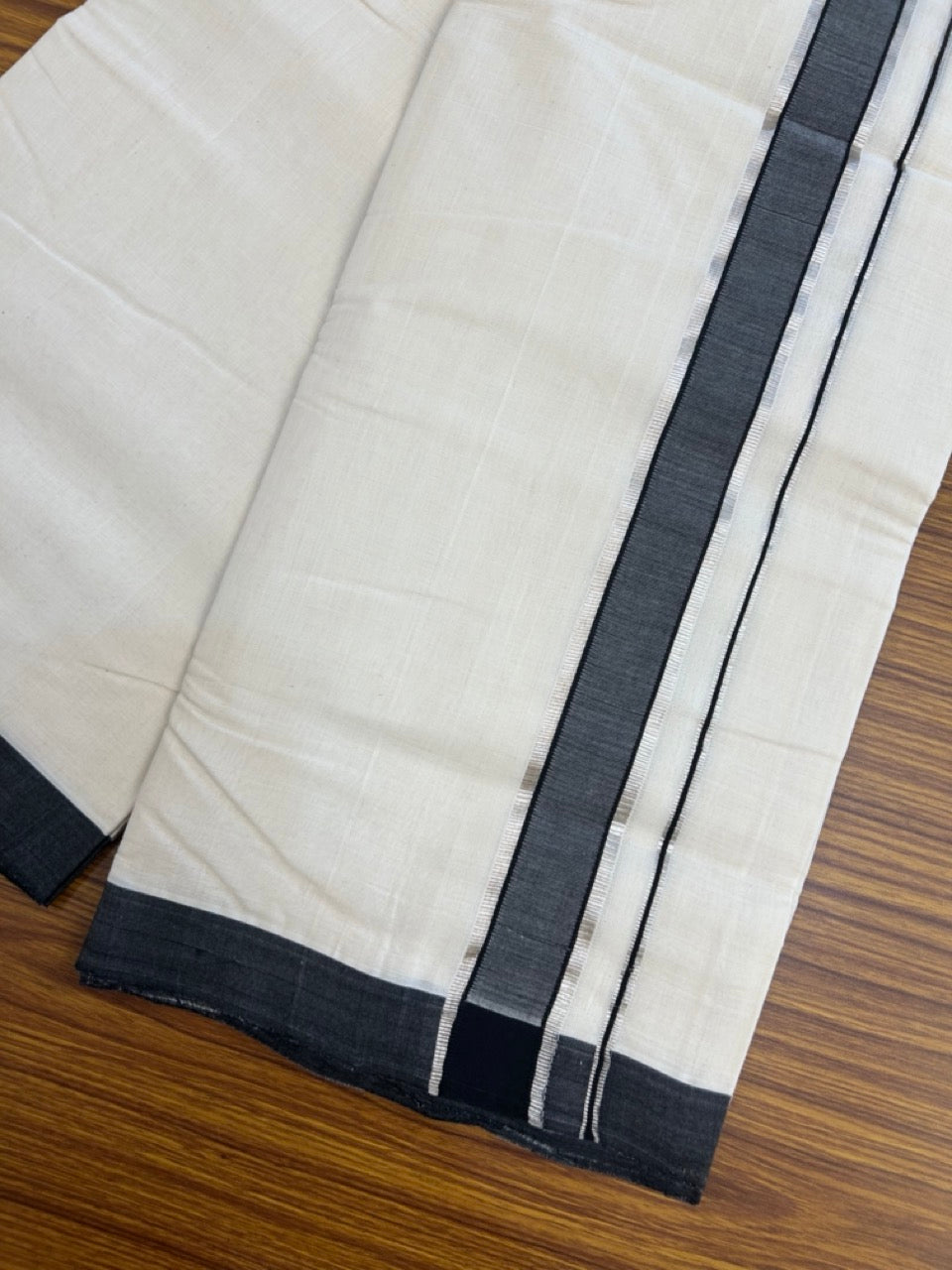 25% Discount! KaithariKada Handloom Millpaav Balaramapuram - Cotton Double Mundu/Dhoti Off white (Unbleached) - 80x90 - 1.25 inch Silver Kasav striped Black shaded Kara 3.60 meter (8 Muzham) - 82 KK5256 RAM