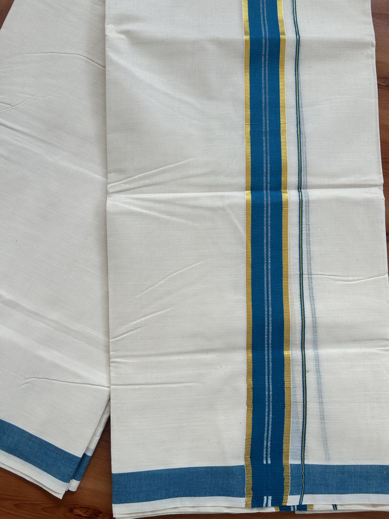 Double Off White - (Unbleached) Mundu/Dhoti - 20% Discount! KaithariKada Balaramapuram Pure Cotton - 60s - 1.25 inch Gold Kasav & Peacock Blue Striped  Kara - 4 mtr (8.5 Muzham) - 2 KK5416 GAN