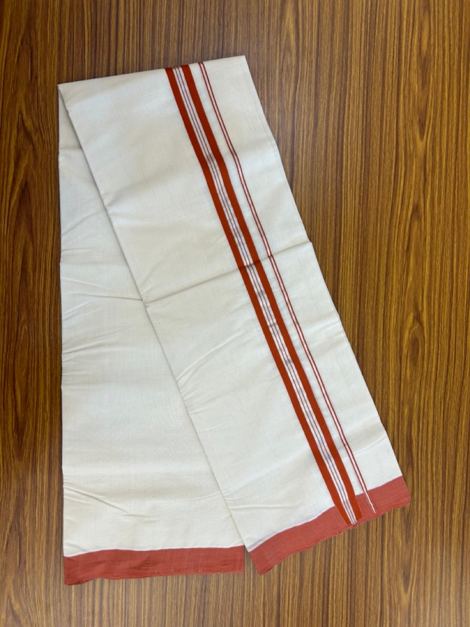 25% Discount! KaithariKada Handloom Millpaav Balaramapuram - Cotton Double Mundu/Dhoti Off white (Unbleached) - 80x90 - 1.25 inch Silver Kasav & Brick Orange striped Kara 3.60 meter (8 Muzham) - 64 KK5256 RAM