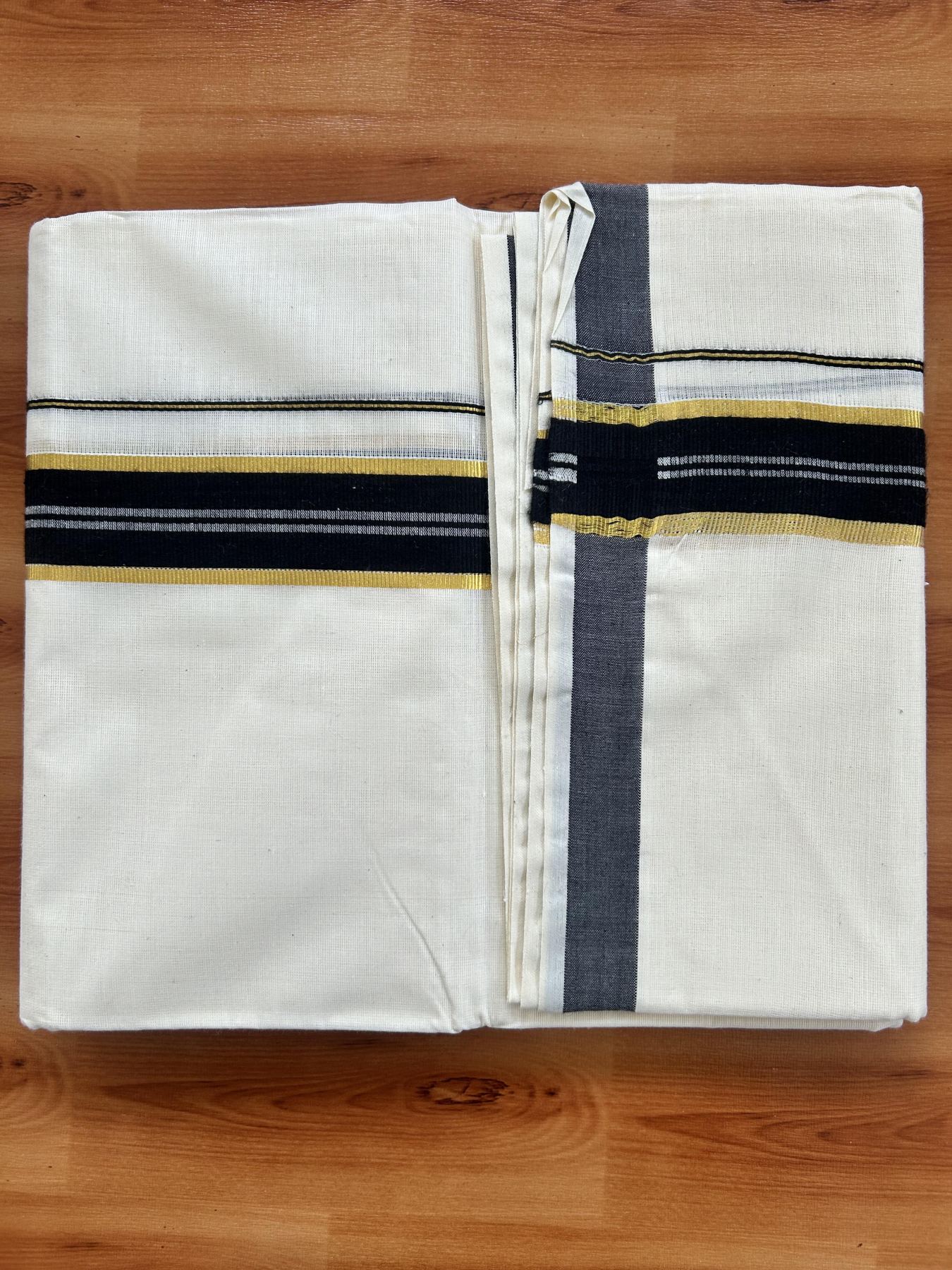Double Off White - (Unbleached) Mundu/Dhoti - 20% Discount! KaithariKada Balaramapuram Pure Cotton - 60s - 1.25 inch Gold Kasav & Black Striped Kara - 4 mtr (8.5 Muzham) - 3 KK5416 GAN