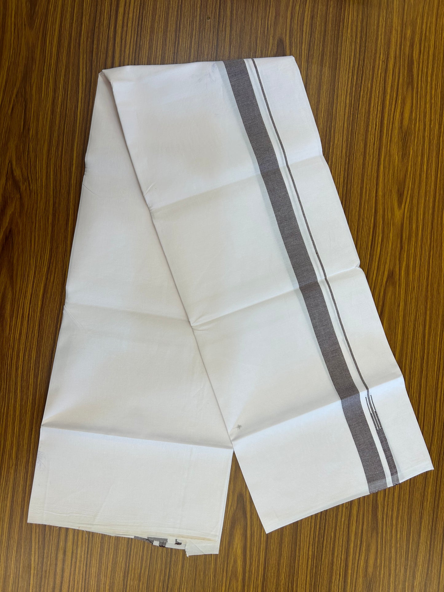 20% Discount!! KaithariKada Balaramapuram 100% Cotton Pure White Single Mundu/Dhoti - 100x100 - 1 inch Brown Shaded Puliyilakkara chutty (2 meter / 4 muzham) - 4 KK5371 ASH