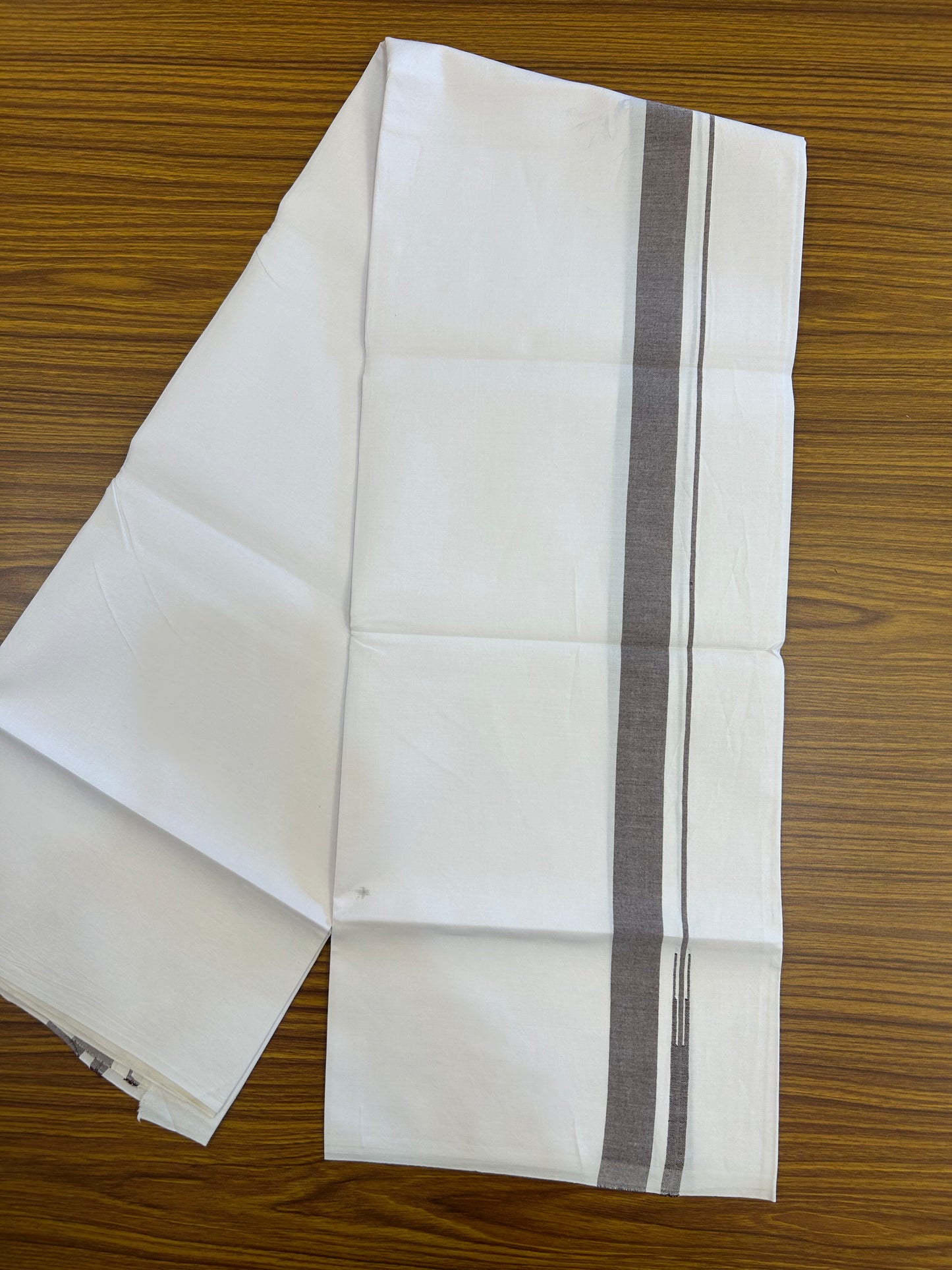 20% Discount!! KaithariKada Balaramapuram 100% Cotton Pure White Single Mundu/Dhoti - 100x100 - 1 inch Brown Shaded Puliyilakkara chutty (2 meter / 4 muzham) - 4 KK5371 ASH