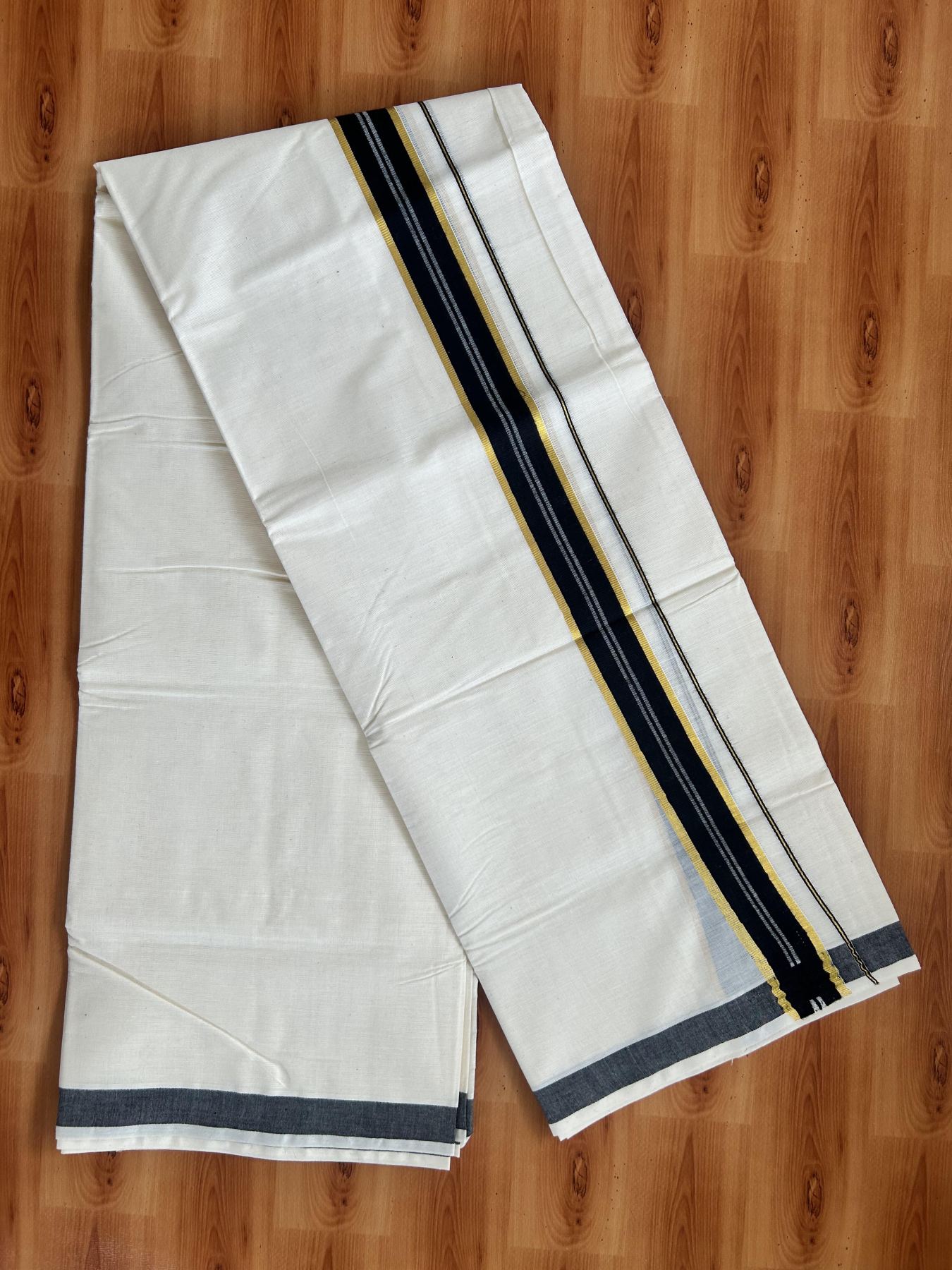 Double Off White - (Unbleached) Mundu/Dhoti - 20% Discount! KaithariKada Balaramapuram Pure Cotton - 60s - 1.25 inch Gold Kasav & Black Striped Kara - 4 mtr (8.5 Muzham) - 3 KK5416 GAN
