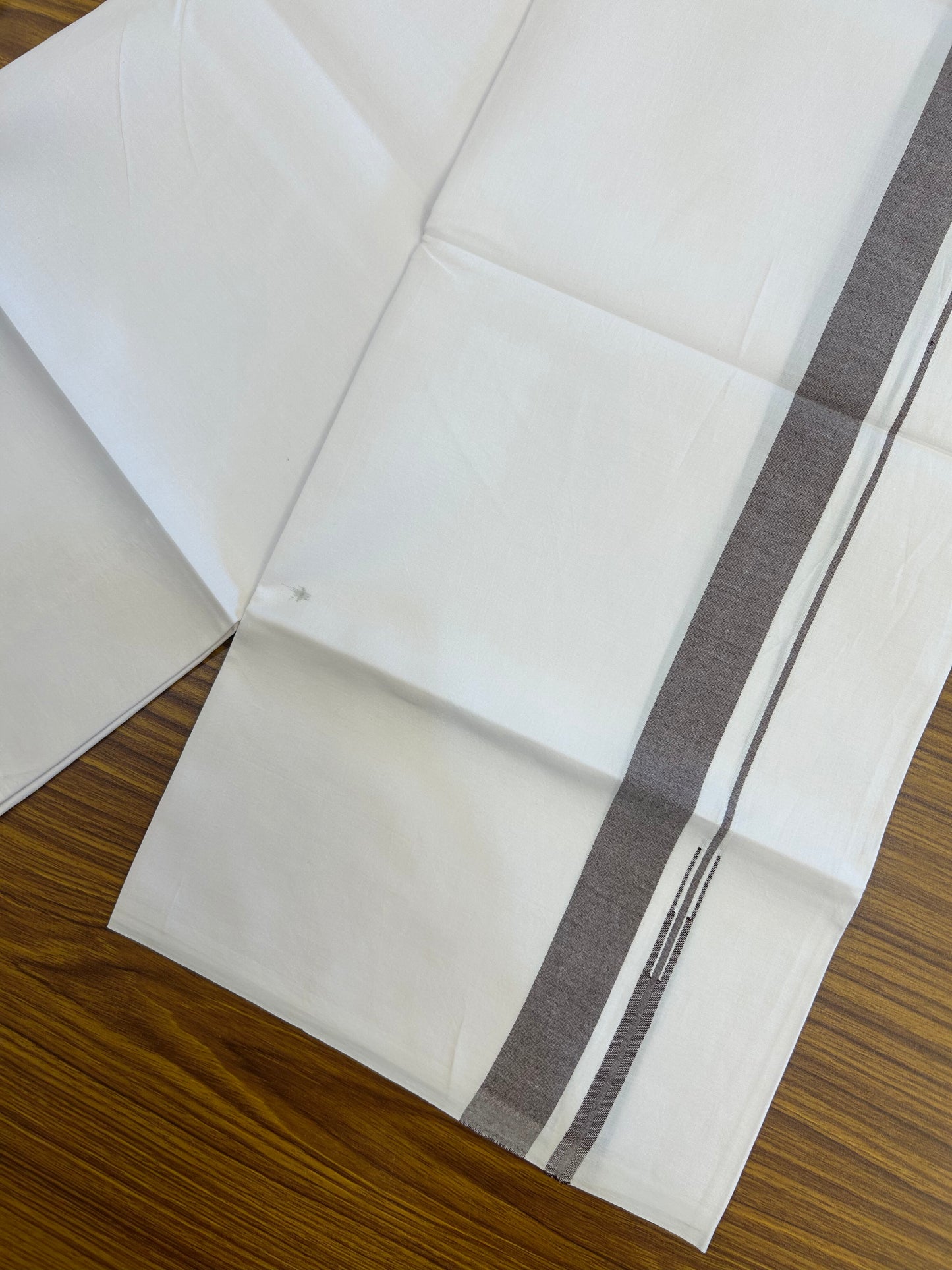 20% Discount!! KaithariKada Balaramapuram 100% Cotton Pure White Single Mundu/Dhoti - 100x100 - 1 inch Brown Shaded Puliyilakkara chutty (2 meter / 4 muzham) - 4 KK5371 ASH