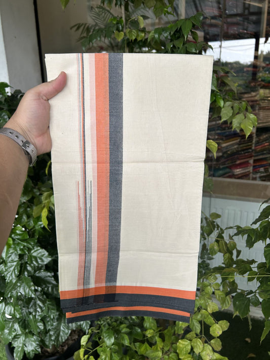 20% Discount ! Kaitharikada Balaramapuram 100% Pure Cotton Double Off white (Unbleached) Mundu/Dhoti - 100x80 - 1.5 inch Black & Orange Shaded Stripes Chutty Kara 3.90 mtr (8 muzham) - 21 KK5313 PMC