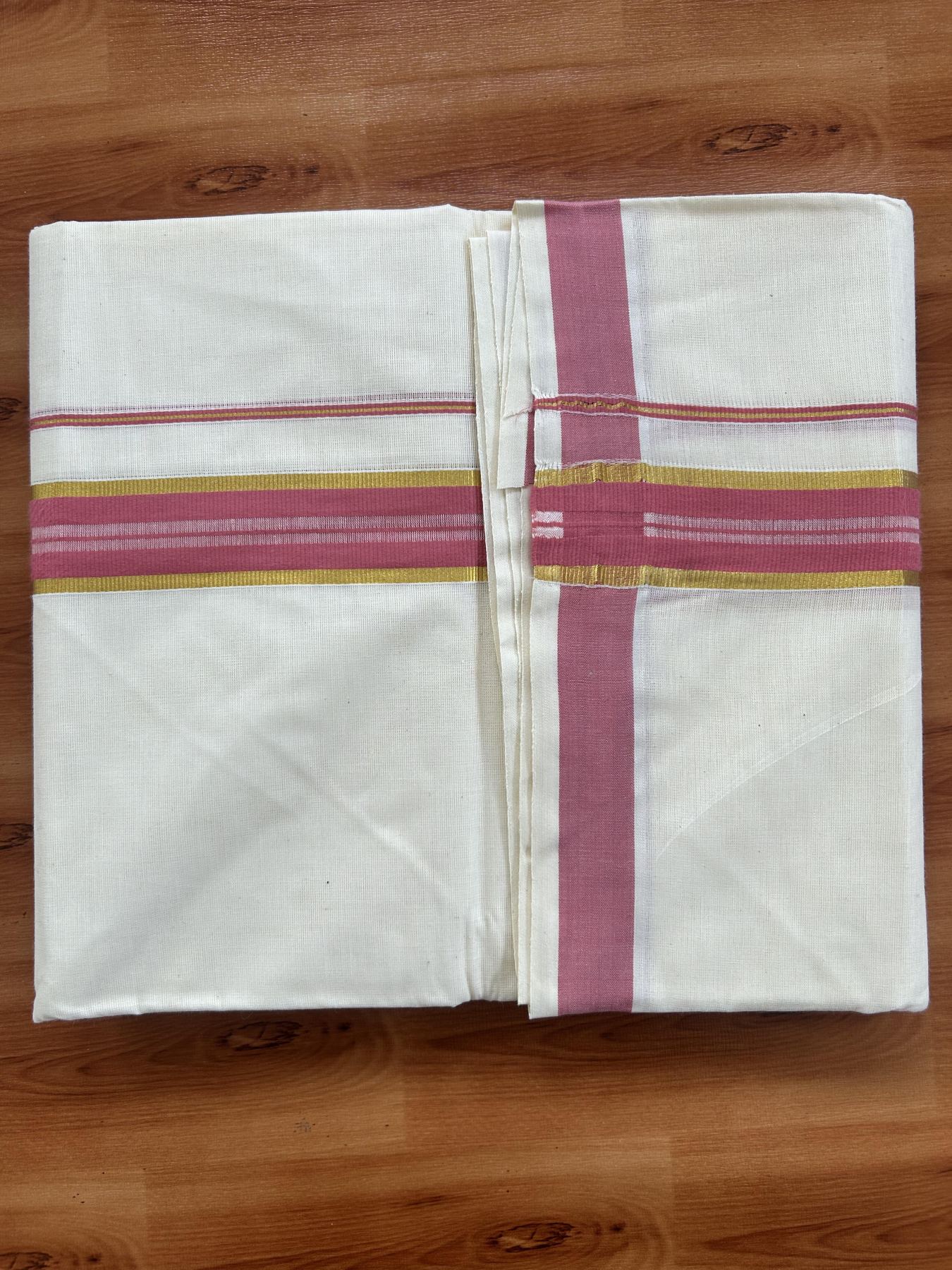 Double Off White - (Unbleached) Mundu/Dhoti - 20% Discount! KaithariKada Balaramapuram Pure Cotton - 60s - 1.25 inch Gold Kasav & Pink Striped Kara - 4 mtr (8.5 Muzham) - 4 KK5416 GAN