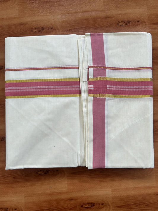 Double Off White - (Unbleached) Mundu/Dhoti - 20% Discount! KaithariKada Balaramapuram Pure Cotton - 60s - 1.25 inch Gold Kasav & Pink Striped Kara - 4 mtr (8.5 Muzham) - 4 KK5416 GAN