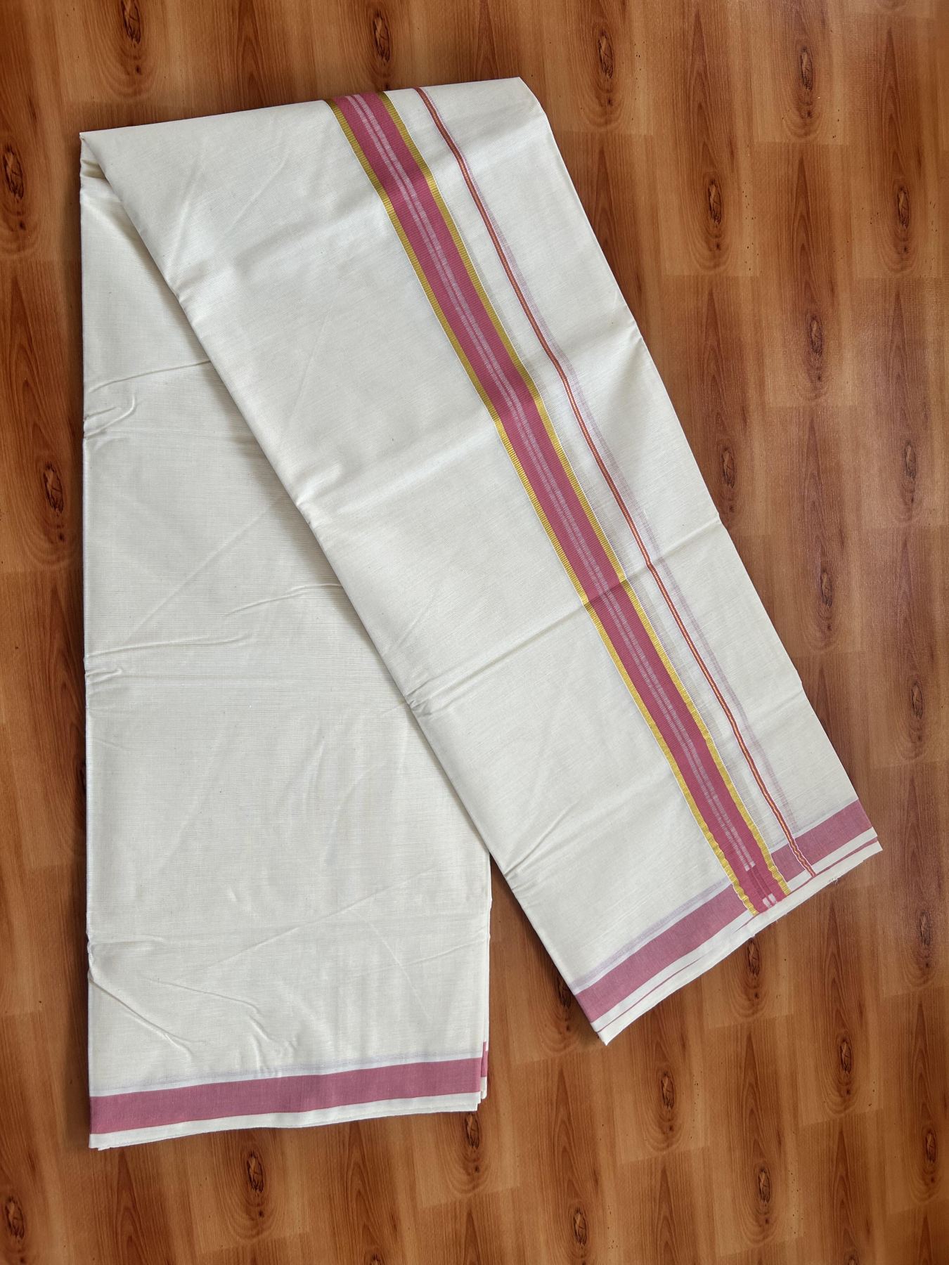 Double Off White - (Unbleached) Mundu/Dhoti - 20% Discount! KaithariKada Balaramapuram Pure Cotton - 60s - 1.25 inch Gold Kasav & Pink Striped Kara - 4 mtr (8.5 Muzham) - 4 KK5416 GAN
