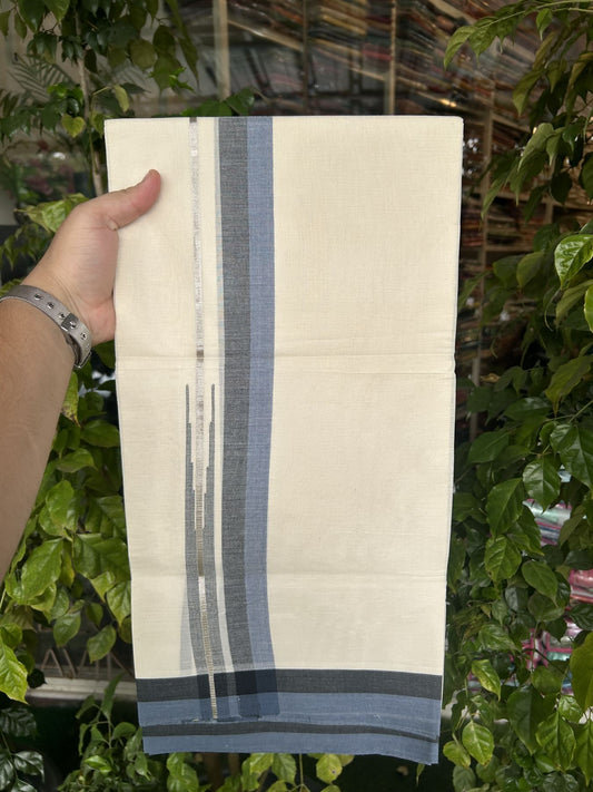 20% Discount ! Kaitharikada Balaramapuram 100% Pure Cotton Double Off white (Unbleached) Mundu/Dhoti - 100x80 - 1.5 inch Silver Kasav Black & Ash Blue Shaded Stripes Chutty Kara 3.90 mtr (8 muzham) - 44 KK5313 PMC