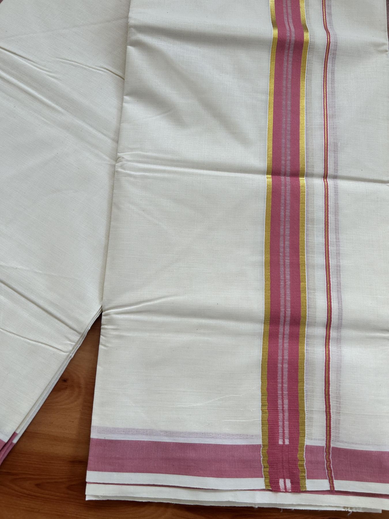 Double Off White - (Unbleached) Mundu/Dhoti - 20% Discount! KaithariKada Balaramapuram Pure Cotton - 60s - 1.25 inch Gold Kasav & Pink Striped Kara - 4 mtr (8.5 Muzham) - 4 KK5416 GAN