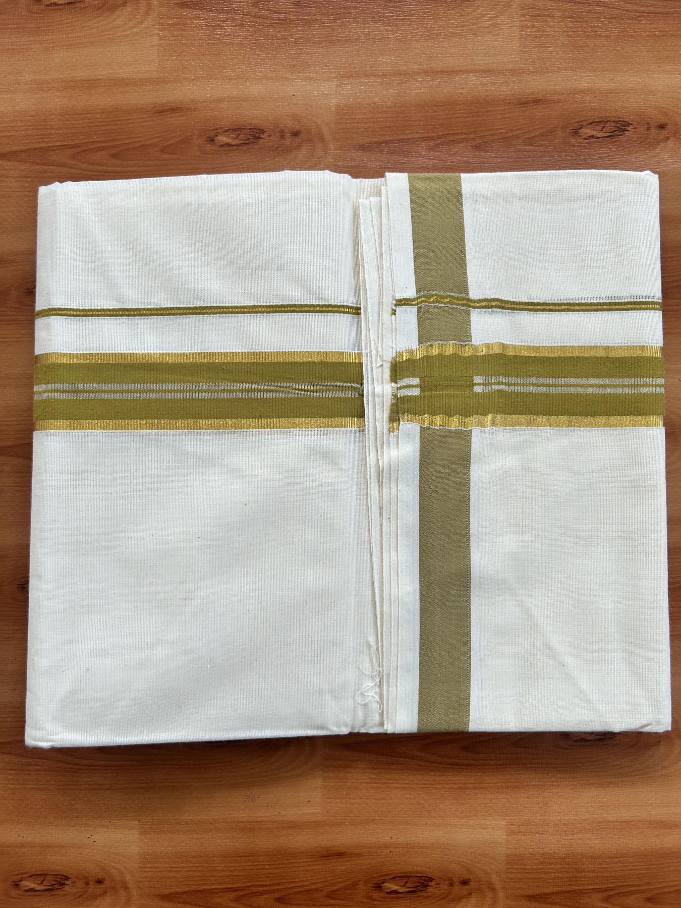 Double Off White - (Unbleached) Mundu/Dhoti - 20% Discount! KaithariKada Balaramapuram Pure Cotton - 60s - 1.25 inch Gold Kasav & Dark Mustard Striped Kara - 4 mtr (8.5 Muzham) - 6 KK5416 GAN