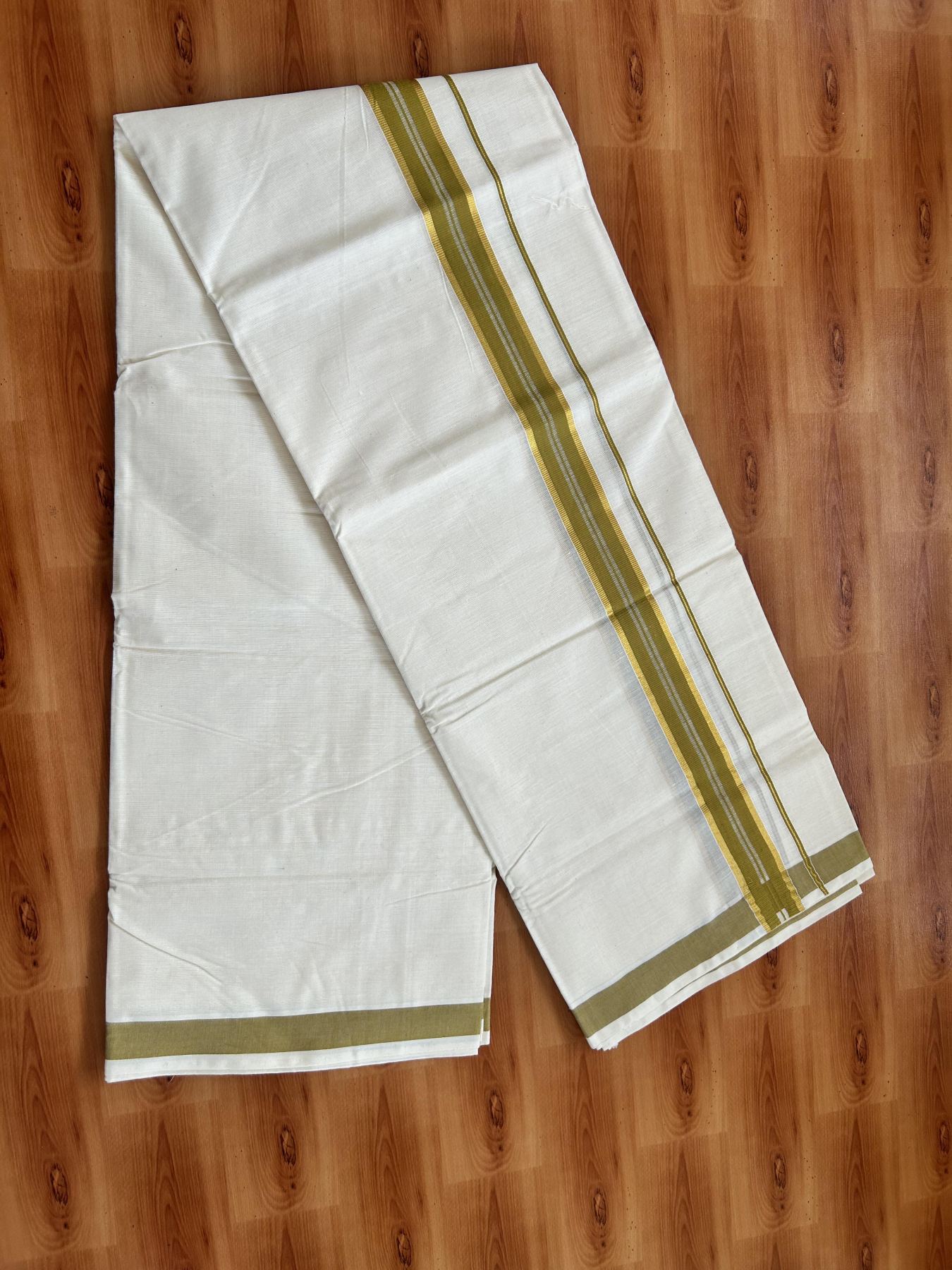 Double Off White - (Unbleached) Mundu/Dhoti - 20% Discount! KaithariKada Balaramapuram Pure Cotton - 60s - 1.25 inch Gold Kasav & Dark Mustard Striped Kara - 4 mtr (8.5 Muzham) - 6 KK5416 GAN