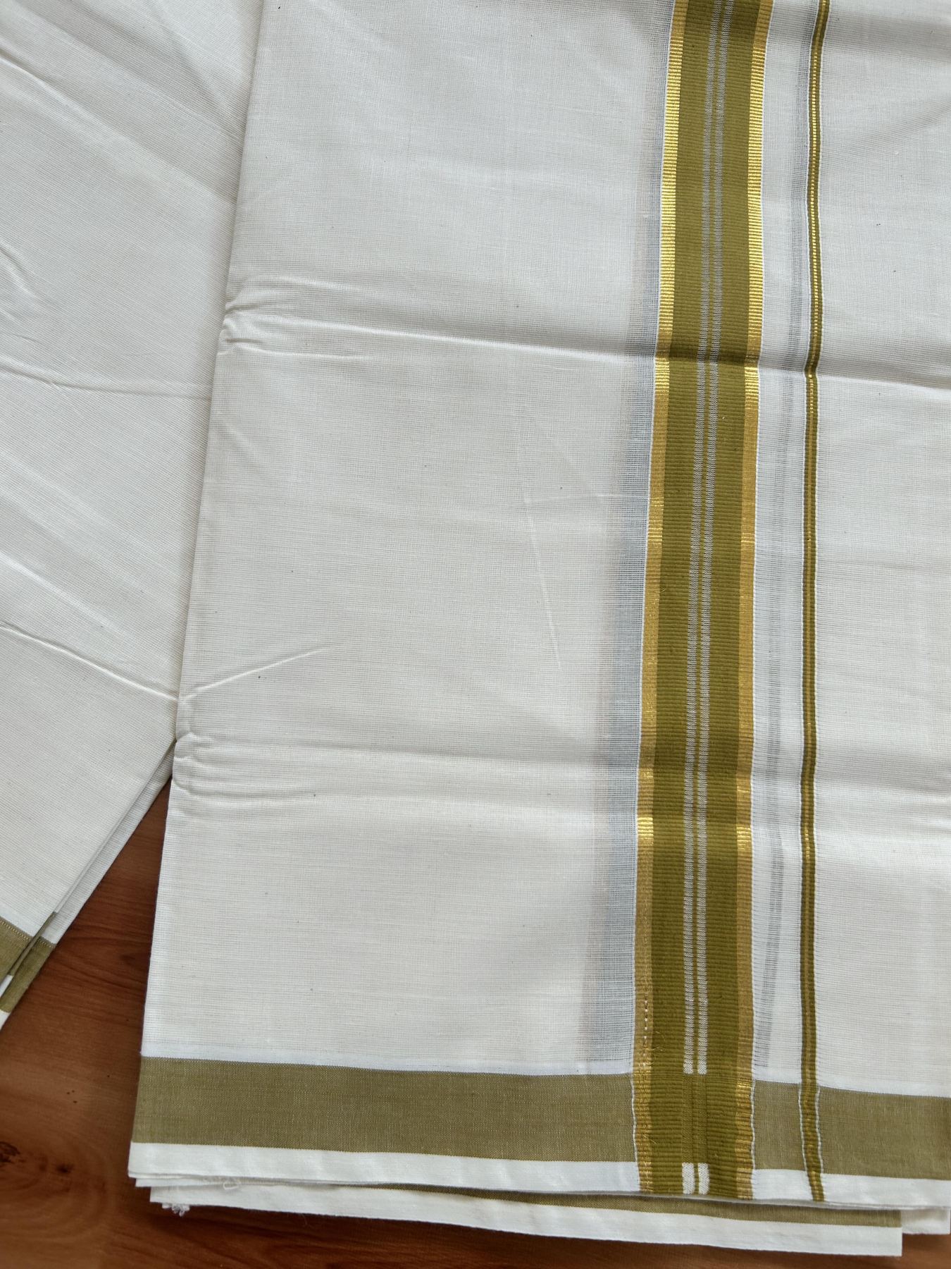 Double Off White - (Unbleached) Mundu/Dhoti - 20% Discount! KaithariKada Balaramapuram Pure Cotton - 60s - 1.25 inch Gold Kasav & Dark Mustard Striped Kara - 4 mtr (8.5 Muzham) - 6 KK5416 GAN