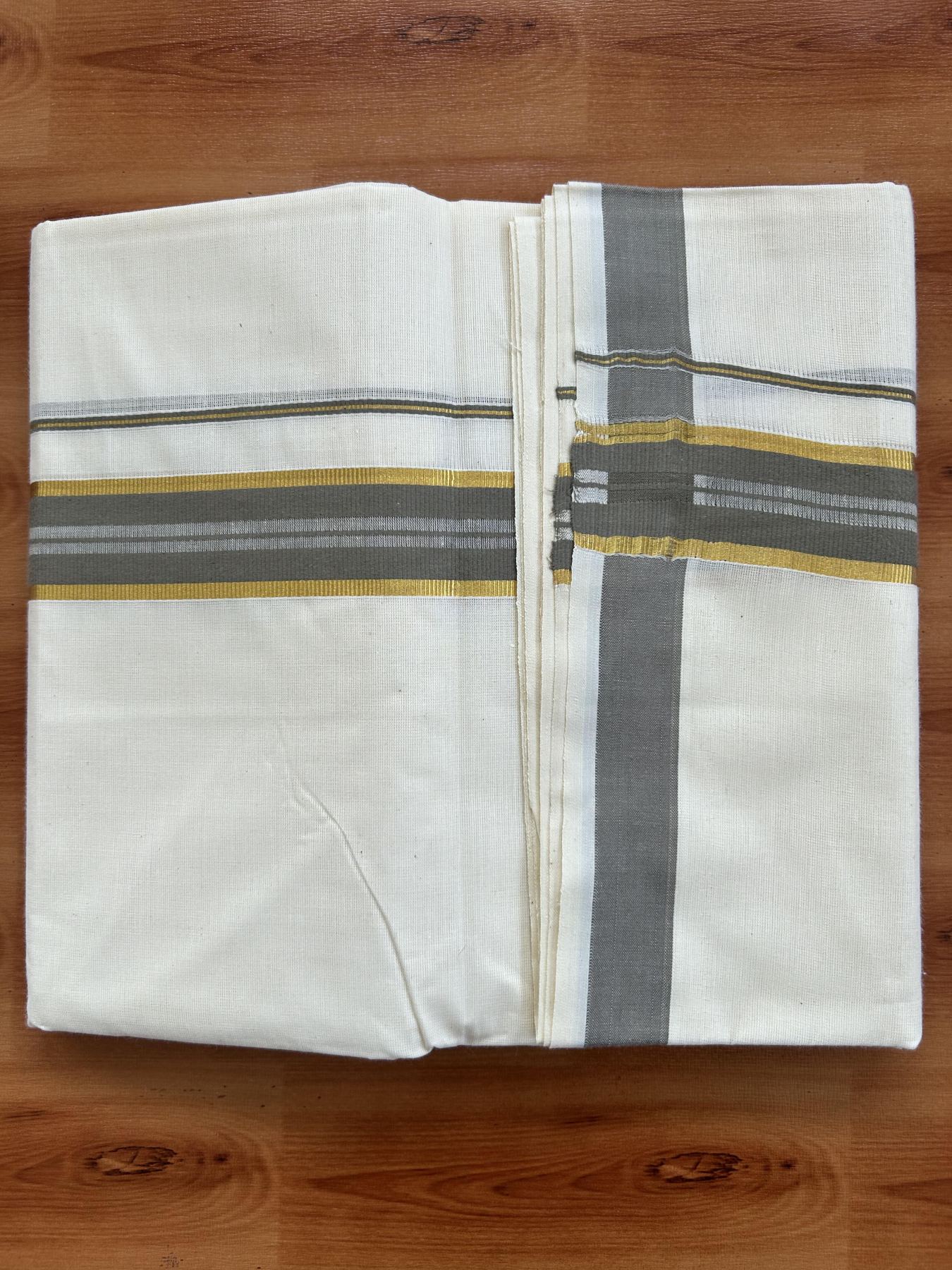 Double Off White - (Unbleached) Mundu/Dhoti - 20% Discount! KaithariKada Balaramapuram Pure Cotton - 60s - 1.25 inch Gold Kasav & Grey Striped Kara - 4 mtr (8.5 Muzham) - 7 KK5416 GAN