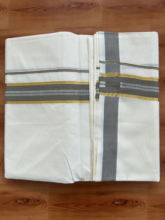 Double Off White - (Unbleached) Mundu/Dhoti - 20% Discount! KaithariKada Balaramapuram Pure Cotton - 60s - 1.25 inch Gold Kasav & Grey Striped Kara - 4 mtr (8.5 Muzham) - 7 KK5416 GAN