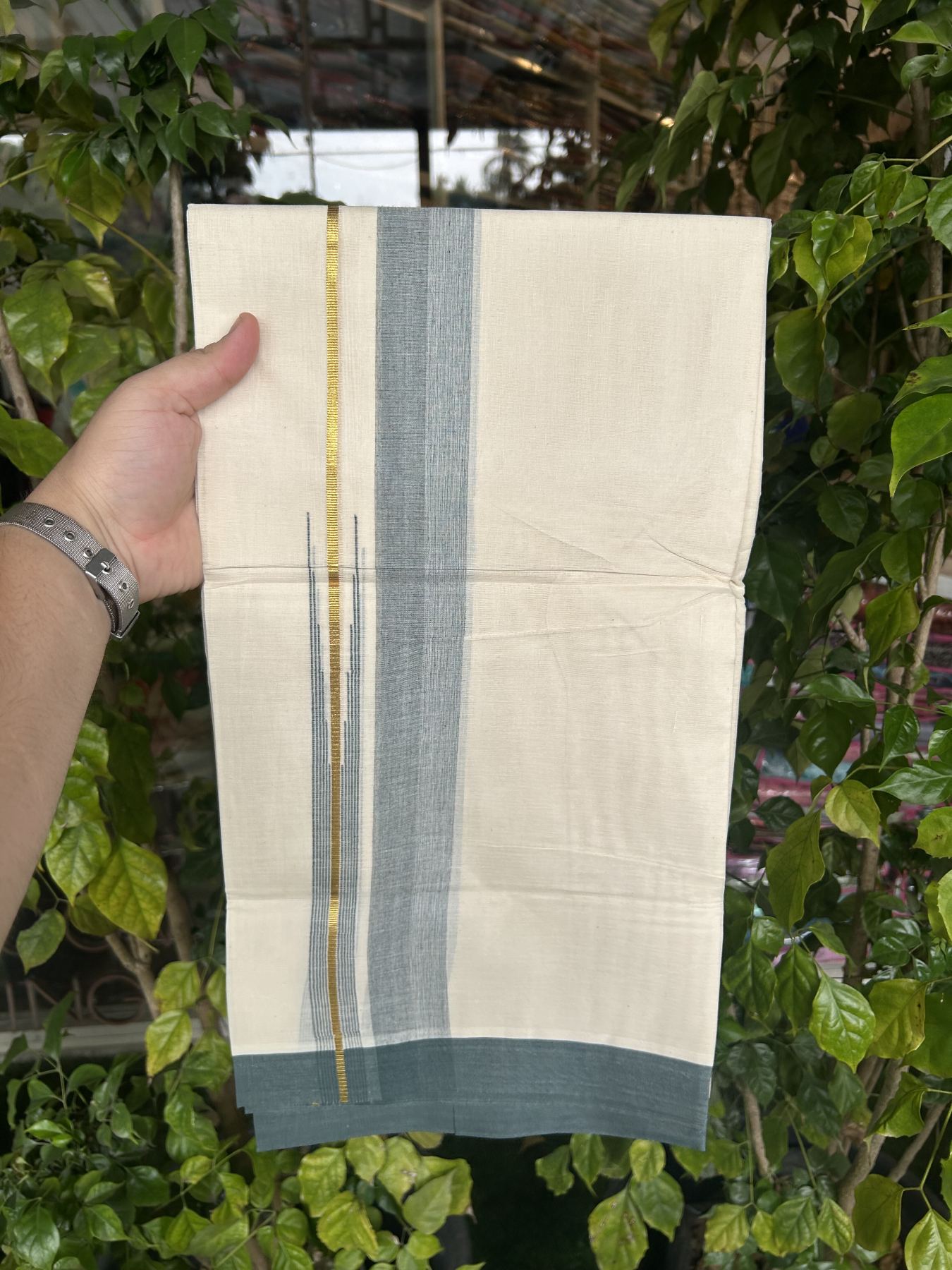 20% Discount ! Kaitharikada Balaramapuram 100% Pure Cotton Double Off white (Unbleached) Mundu/Dhoti - 100x80 - 1.75 inch Gold Kasav & Olive Green Shaded Stripes Chutty Kara 3.90 mtr (8 muzham) - 35 KK5313 PMC