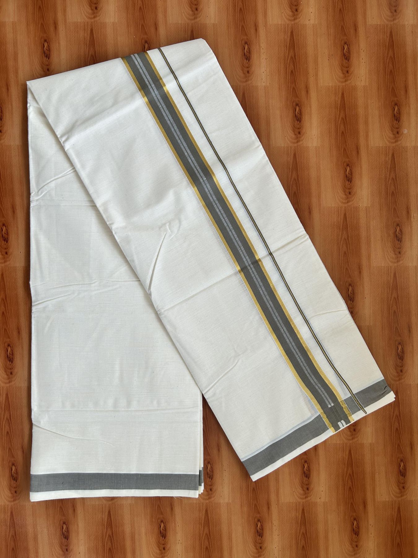 Double Off White - (Unbleached) Mundu/Dhoti - 20% Discount! KaithariKada Balaramapuram Pure Cotton - 60s - 1.25 inch Gold Kasav & Grey Striped Kara - 4 mtr (8.5 Muzham) - 7 KK5416 GAN