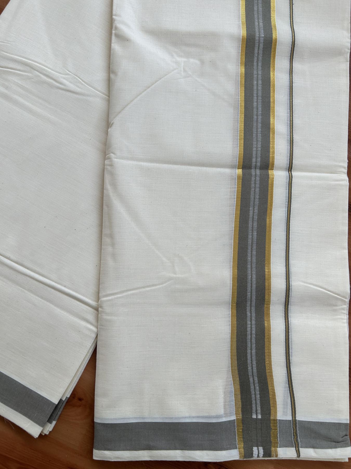 Double Off White - (Unbleached) Mundu/Dhoti - 20% Discount! KaithariKada Balaramapuram Pure Cotton - 60s - 1.25 inch Gold Kasav & Grey Striped Kara - 4 mtr (8.5 Muzham) - 7 KK5416 GAN