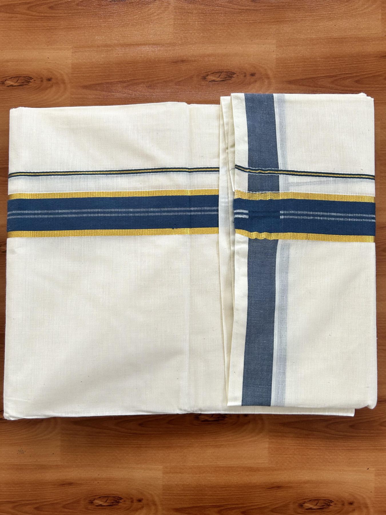 Double Off White - (Unbleached) Mundu/Dhoti - 20% Discount! KaithariKada Balaramapuram Pure Cotton - 60s - 1.25 inch Gold Kasav & Peacock Blue Striped Kara - 4 mtr (8.5 Muzham) - 5 KK5416 GAN