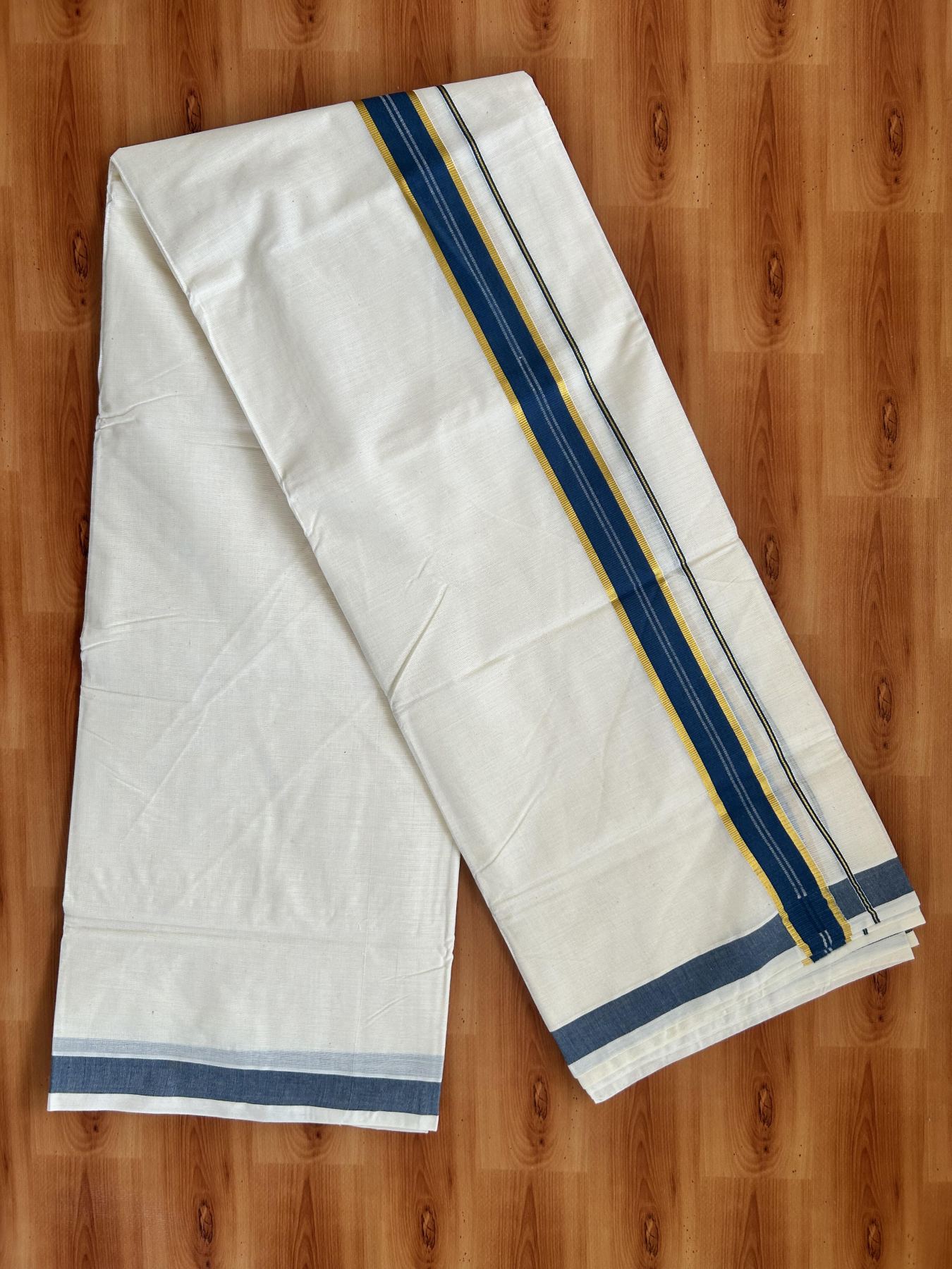 Double Off White - (Unbleached) Mundu/Dhoti - 20% Discount! KaithariKada Balaramapuram Pure Cotton - 60s - 1.25 inch Gold Kasav & Peacock Blue Striped Kara - 4 mtr (8.5 Muzham) - 5 KK5416 GAN