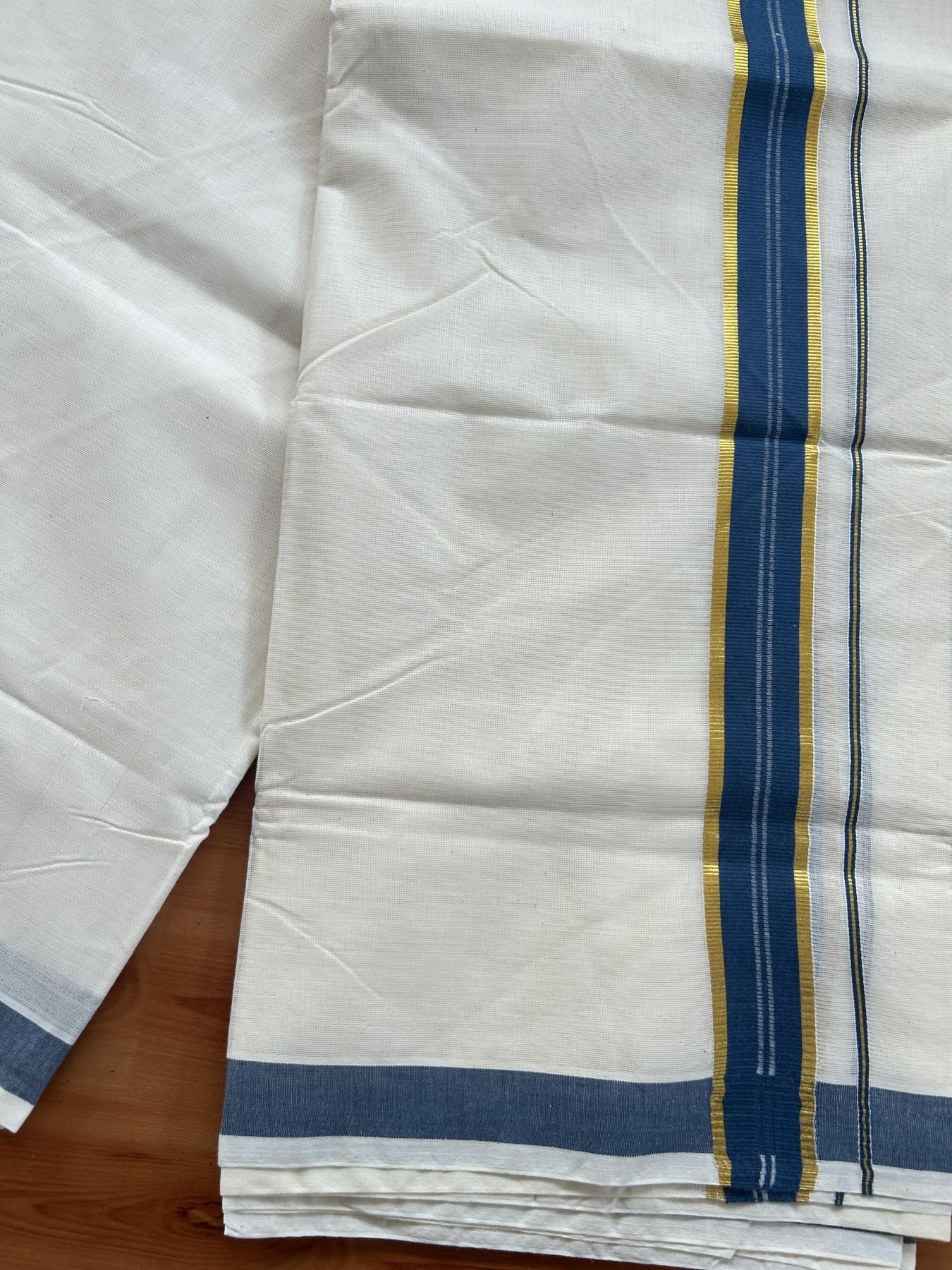 Double Off White - (Unbleached) Mundu/Dhoti - 20% Discount! KaithariKada Balaramapuram Pure Cotton - 60s - 1.25 inch Gold Kasav & Peacock Blue Striped Kara - 4 mtr (8.5 Muzham) - 5 KK5416 GAN
