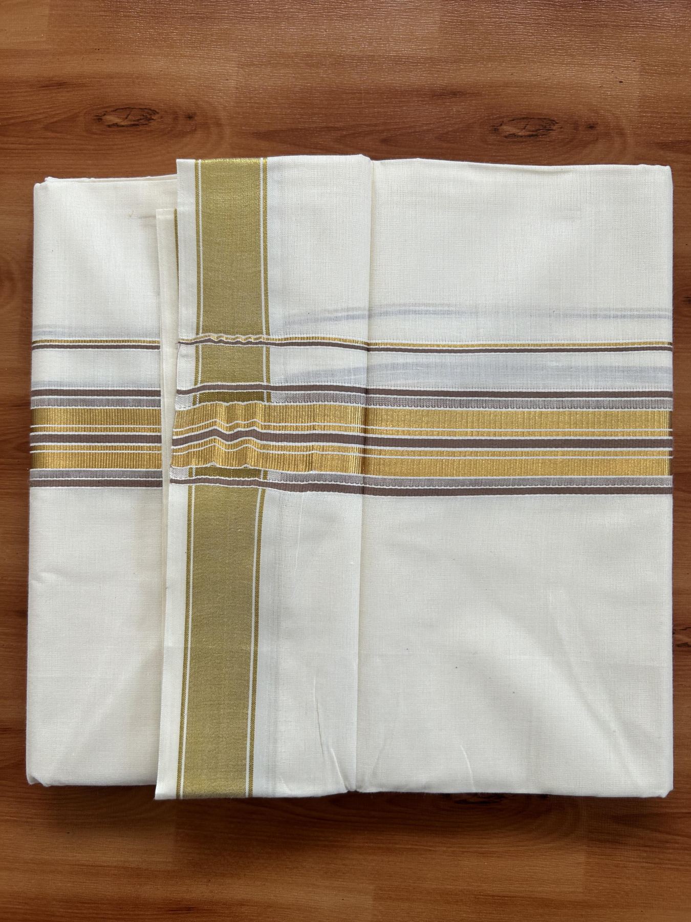 Double Off White - (Unbleached) Mundu/Dhoti - 20% Discount! KaithariKada Balaramapuram Pure Cotton - 80s - 1.5 inch Gold Kasav & Light Brown Striped Kara - 4 mtr (8.5 Muzham) - 20 KK5416 GAN