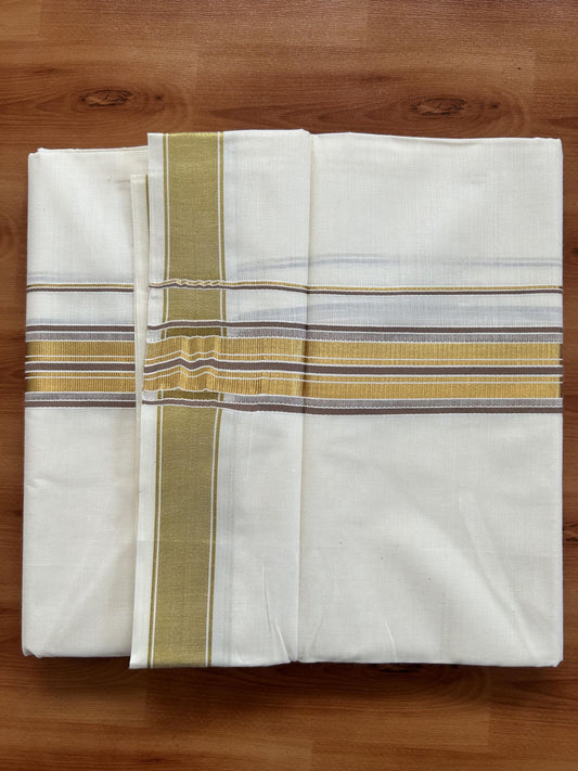 Double Off White - (Unbleached) Mundu/Dhoti - 20% Discount! KaithariKada Balaramapuram Pure Cotton - 80s - 1.5 inch Gold Kasav & Light Brown Striped Kara - 4 mtr (8.5 Muzham) - 20 KK5416 GAN