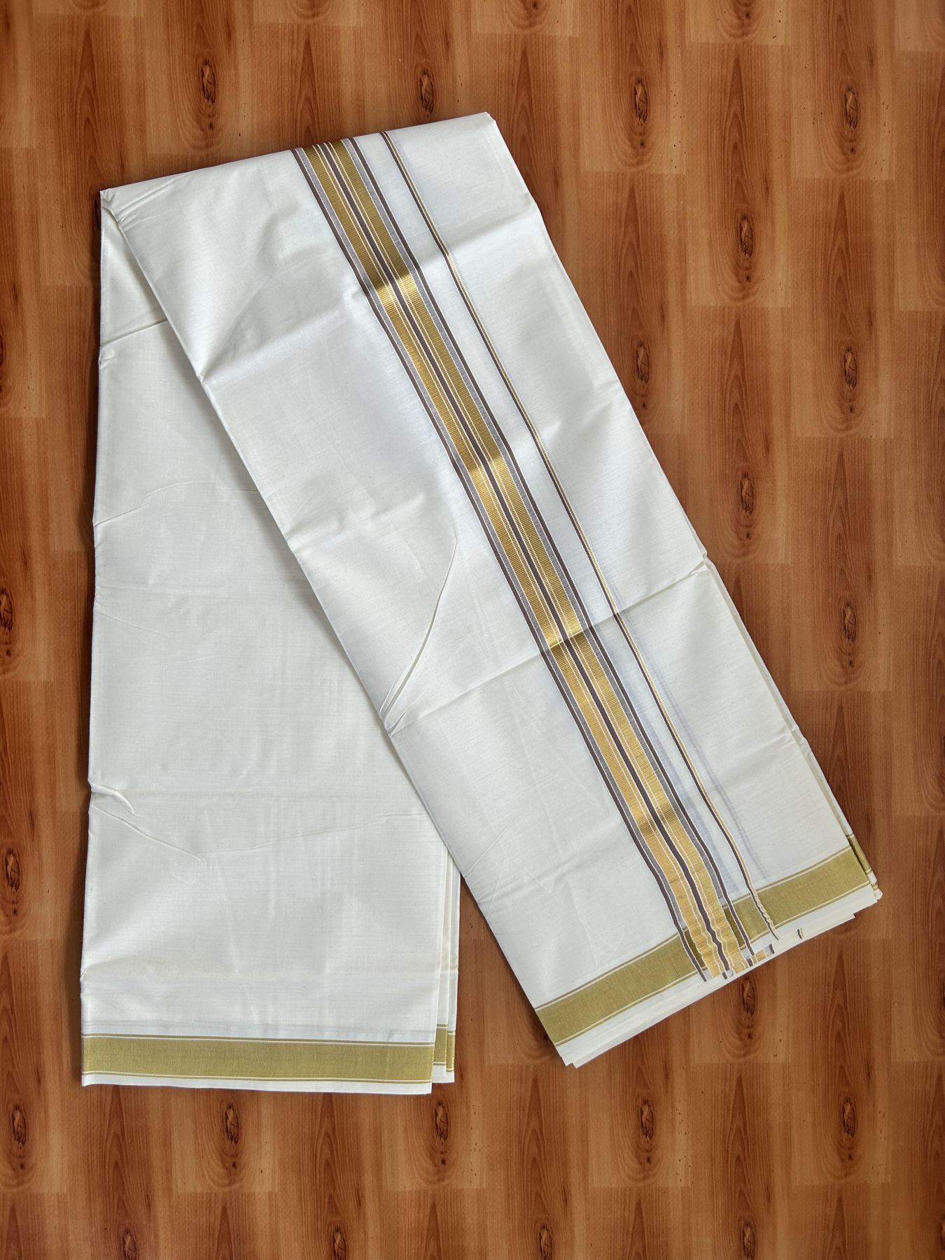 Double Off White - (Unbleached) Mundu/Dhoti - 20% Discount! KaithariKada Balaramapuram Pure Cotton - 80s - 1.5 inch Gold Kasav & Light Brown Striped Kara - 4 mtr (8.5 Muzham) - 20 KK5416 GAN