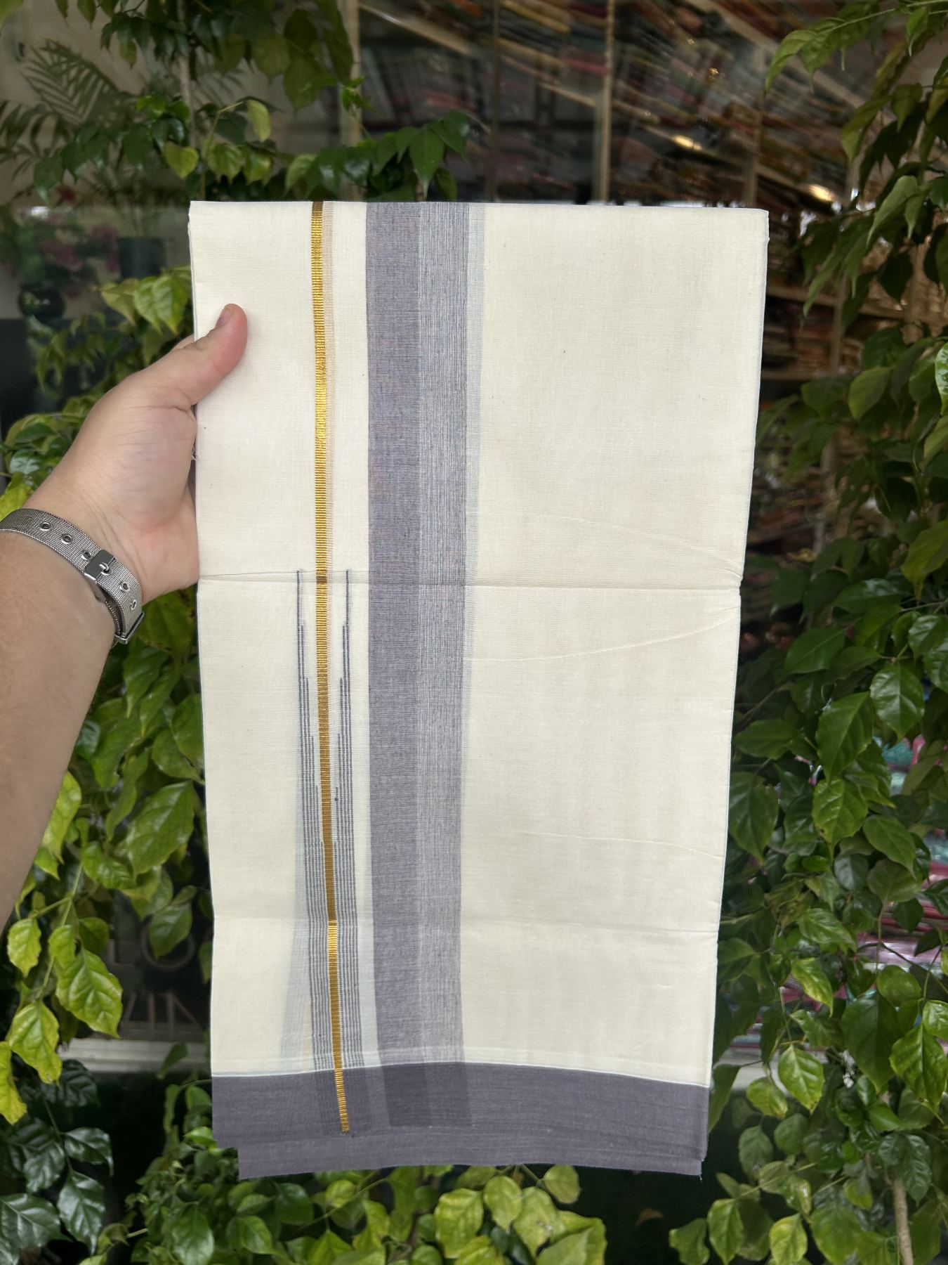 20% Discount ! Kaitharikada Balaramapuram 100% Pure Cotton Double Off white (Unbleached) Mundu/Dhoti - 100x80 - 1.75 inch Gold Kasav & Purple Ash Shaded Stripes Chutty Kara 3.90 mtr (8 muzham) - 31 KK5313 PMC