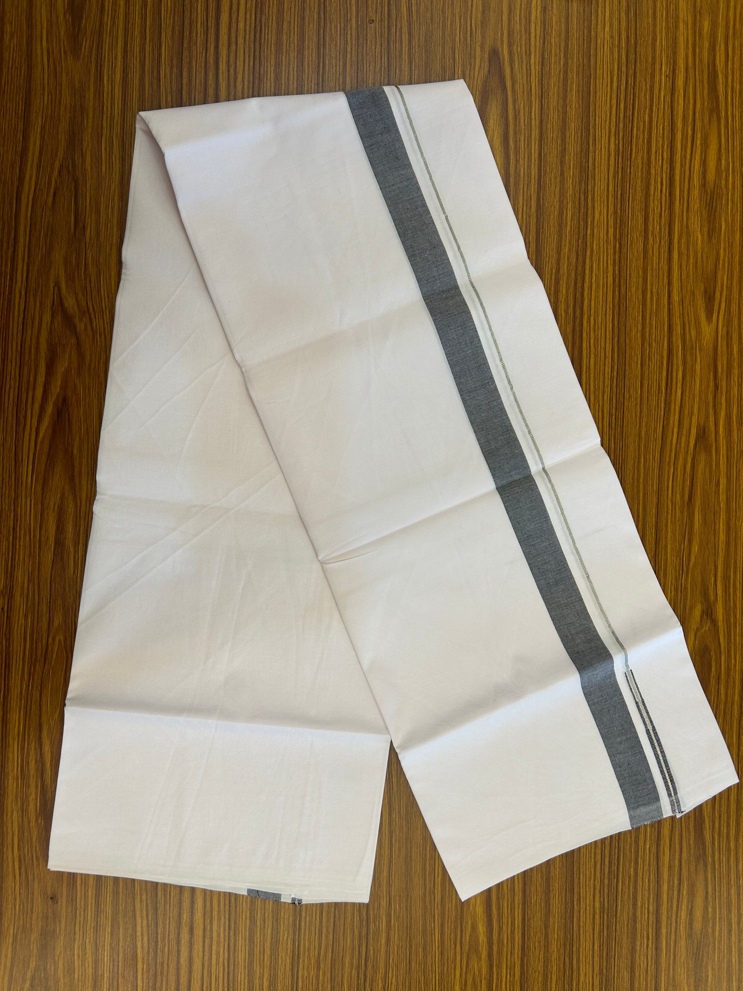 20% Discount!! KaithariKada Balaramapuram 100% Cotton Pure White Single Mundu/Dhoti - 100x100 - 1 inch Silver kasav & Black Shaded Puliyilakkara chutty (2 meter / 4 muzham) - 6 KK5371 ASH