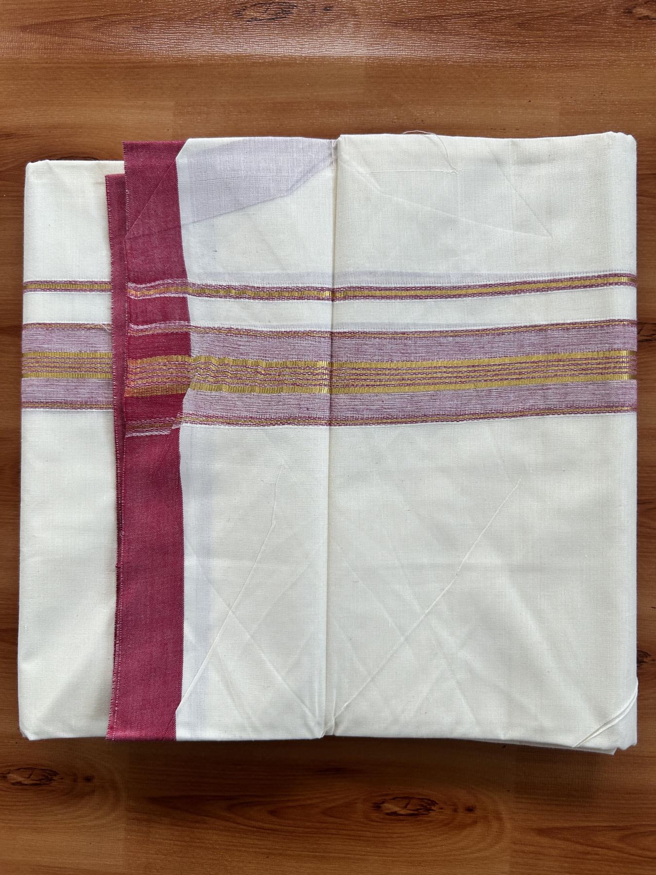 Double Off White - (Unbleached) Mundu/Dhoti - 20% Discount! KaithariKada Balaramapuram Pure Cotton - 80s - 1.5 inch Gold Kasav & Reddish Magenta Striped Kara - 4 mtr (8.5 Muzham) - 12 KK5416 GAN