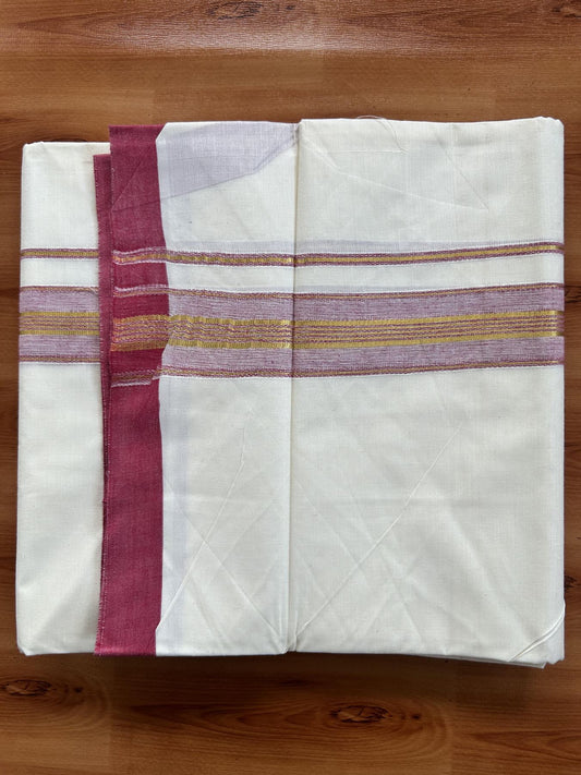 Double Off White - (Unbleached) Mundu/Dhoti - 20% Discount! KaithariKada Balaramapuram Pure Cotton - 80s - 1.5 inch Gold Kasav & Reddish Magenta Striped Kara - 4 mtr (8.5 Muzham) - 12 KK5416 GAN