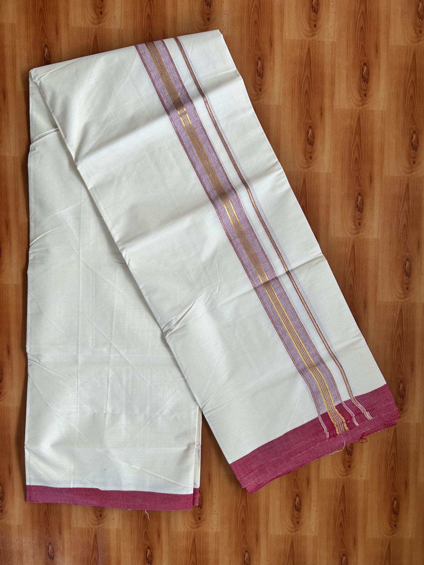 Double Off White - (Unbleached) Mundu/Dhoti - 20% Discount! KaithariKada Balaramapuram Pure Cotton - 80s - 1.5 inch Gold Kasav & Reddish Magenta Striped Kara - 4 mtr (8.5 Muzham) - 12 KK5416 GAN