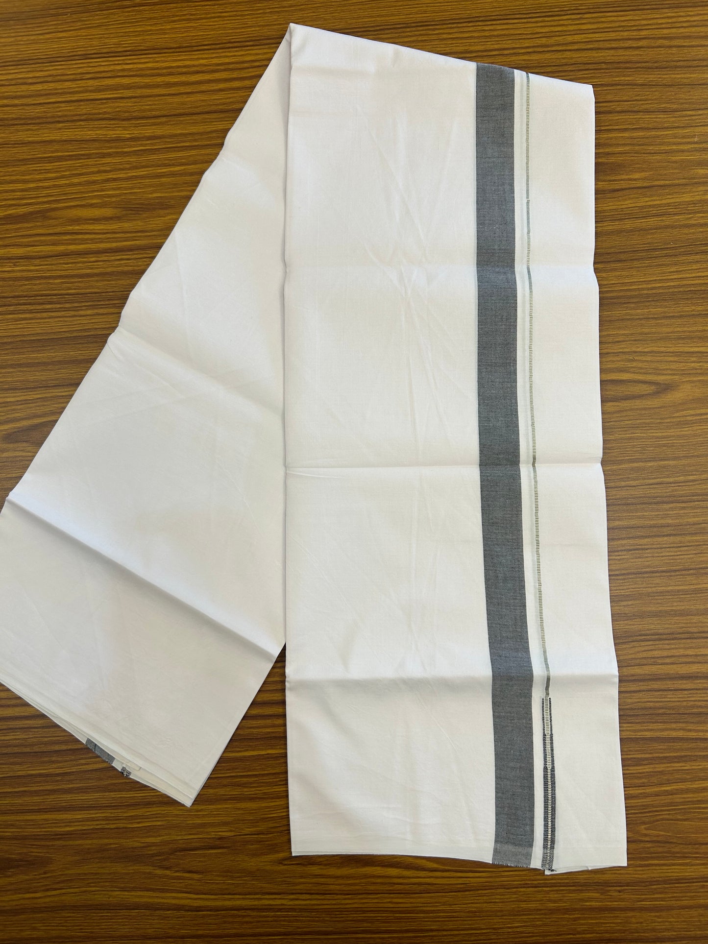 20% Discount!! KaithariKada Balaramapuram 100% Cotton Pure White Single Mundu/Dhoti - 100x100 - 1 inch Silver kasav & Black Shaded Puliyilakkara chutty (2 meter / 4 muzham) - 6 KK5371 ASH