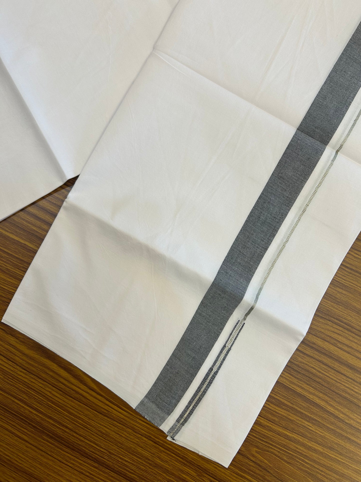 20% Discount!! KaithariKada Balaramapuram 100% Cotton Pure White Single Mundu/Dhoti - 100x100 - 1 inch Silver kasav & Black Shaded Puliyilakkara chutty (2 meter / 4 muzham) - 6 KK5371 ASH