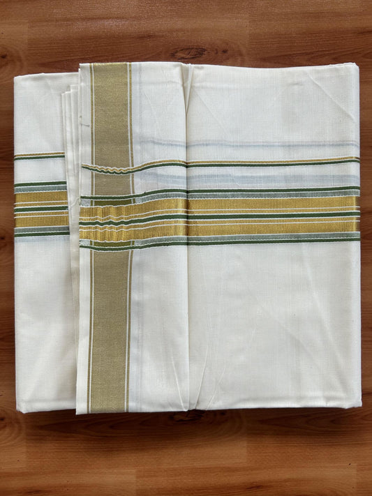 Double Off White - (Unbleached) Mundu/Dhoti - 20% Discount! KaithariKada Balaramapuram Pure Cotton - 80s - 1.5 inch Gold Kasav & Parrot Green Striped Kara - 4 mtr (8.5 Muzham) - 22 KK5416 GAN